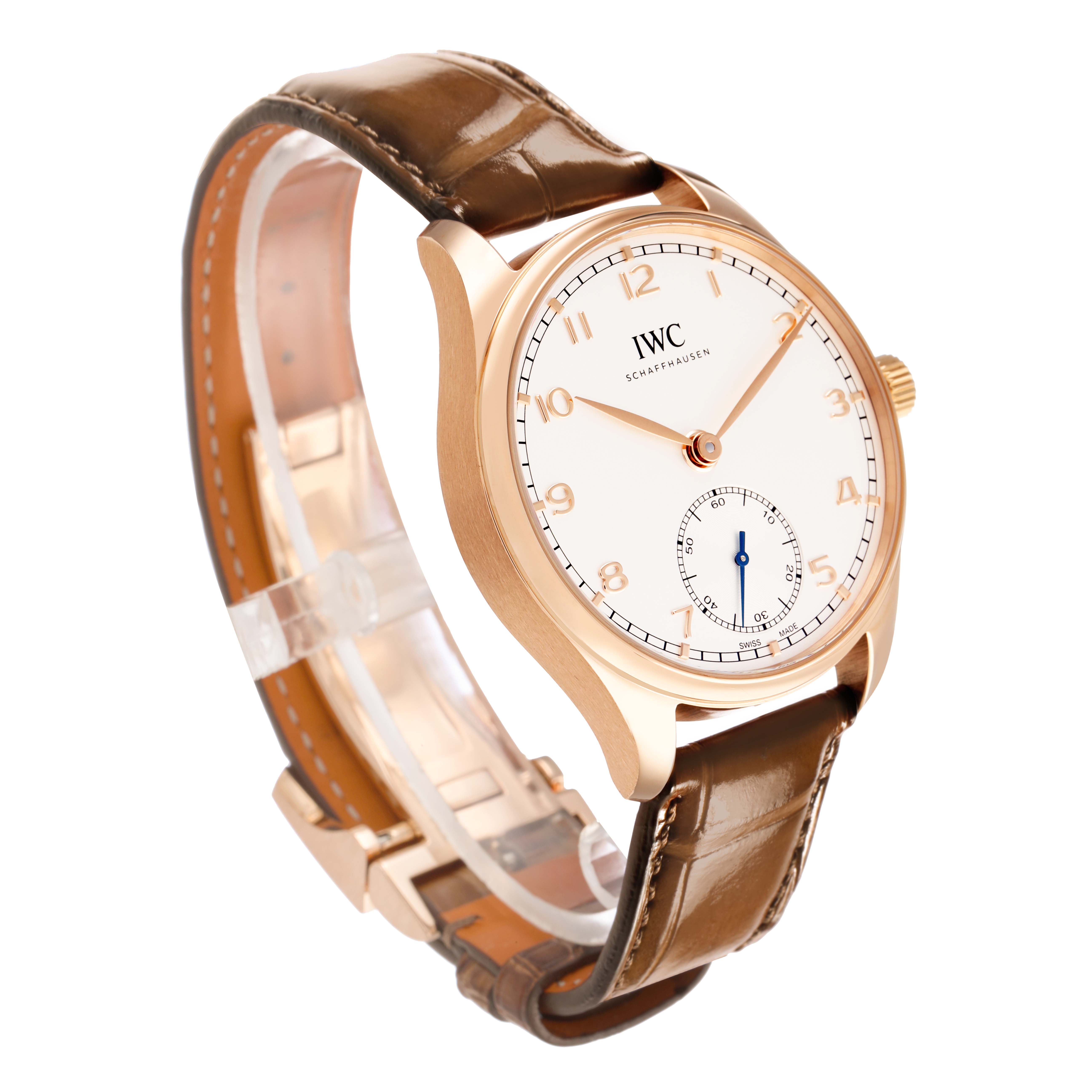 The IWC Portuguese IW358306 Men's Rose Gold Silver Dial watch is shown at a three-quarter angle, highlighting its face, bezel, and leather strap.