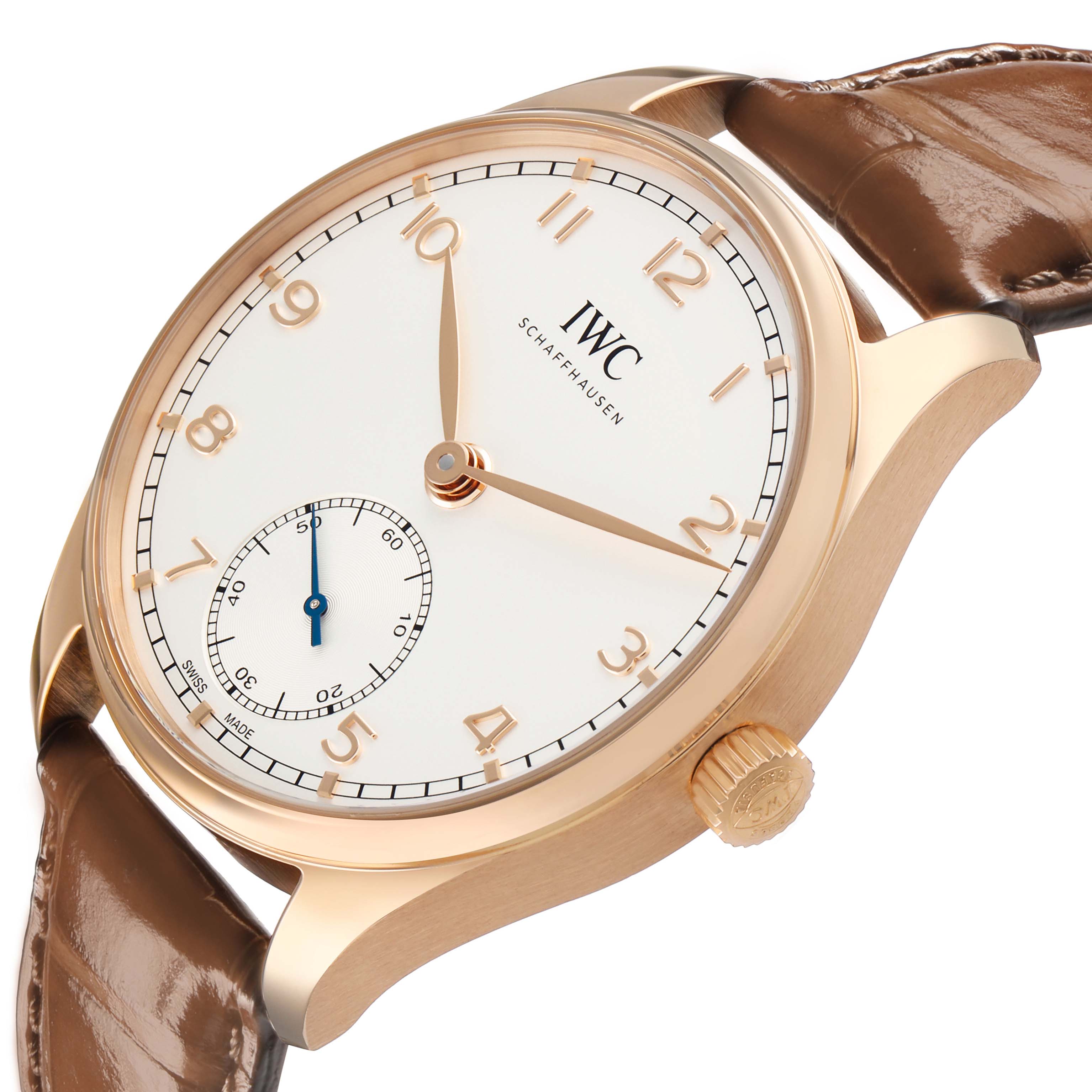 The IWC Portuguese IW358306 Men's Rose Gold Silver Dial watch is shown at a slight angle displaying the face, side, crown, and part of the leather strap.