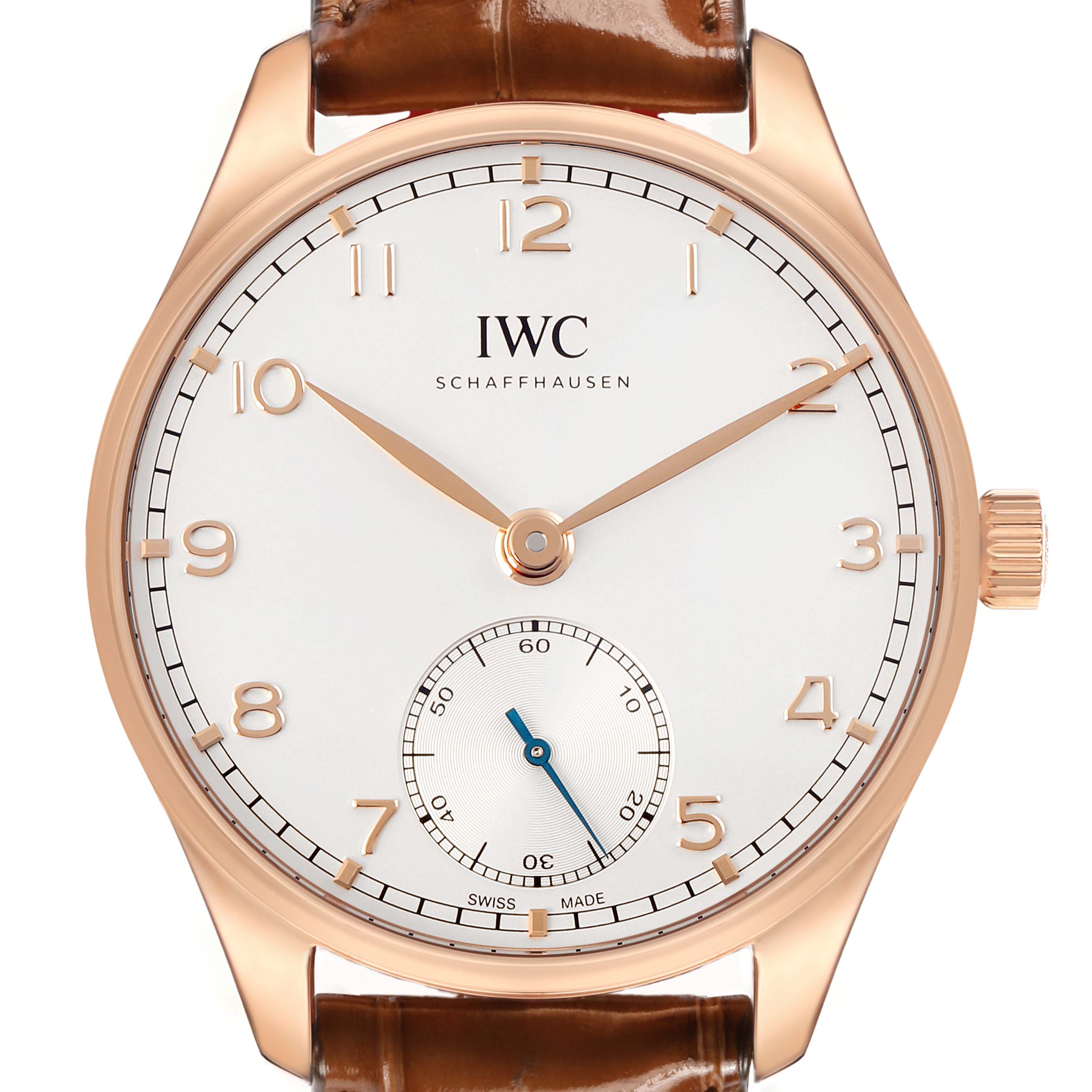 The IWC Portuguese IW358306 Men's Rose Gold Silver Dial watch is shown from a frontal angle, displaying the dial, hands, numerals, and a leather strap.
