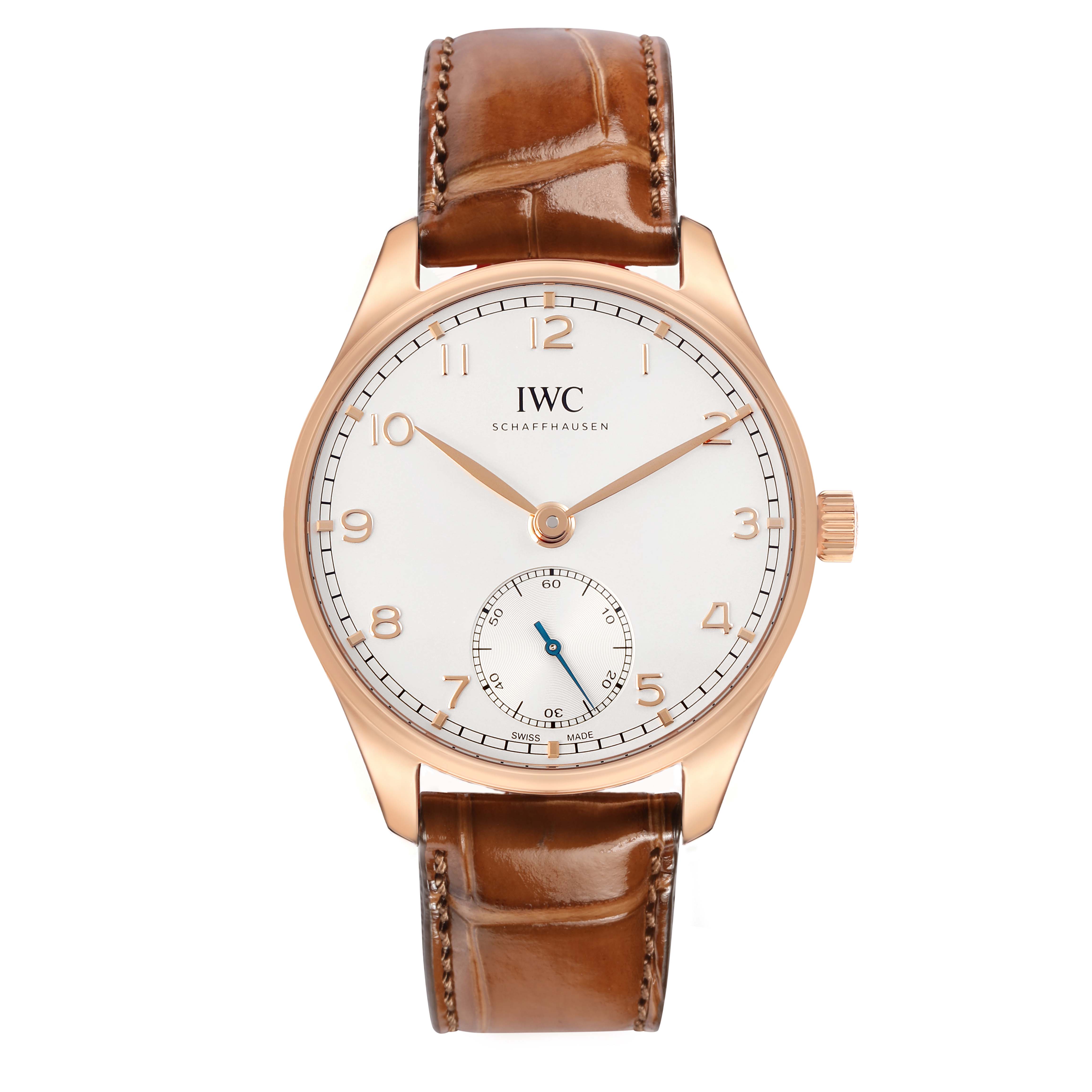The IWC Portuguese IW358306 Men's Rose Gold Silver Dial watch is shown from a front angle, highlighting the watch face, case, and brown leather strap.