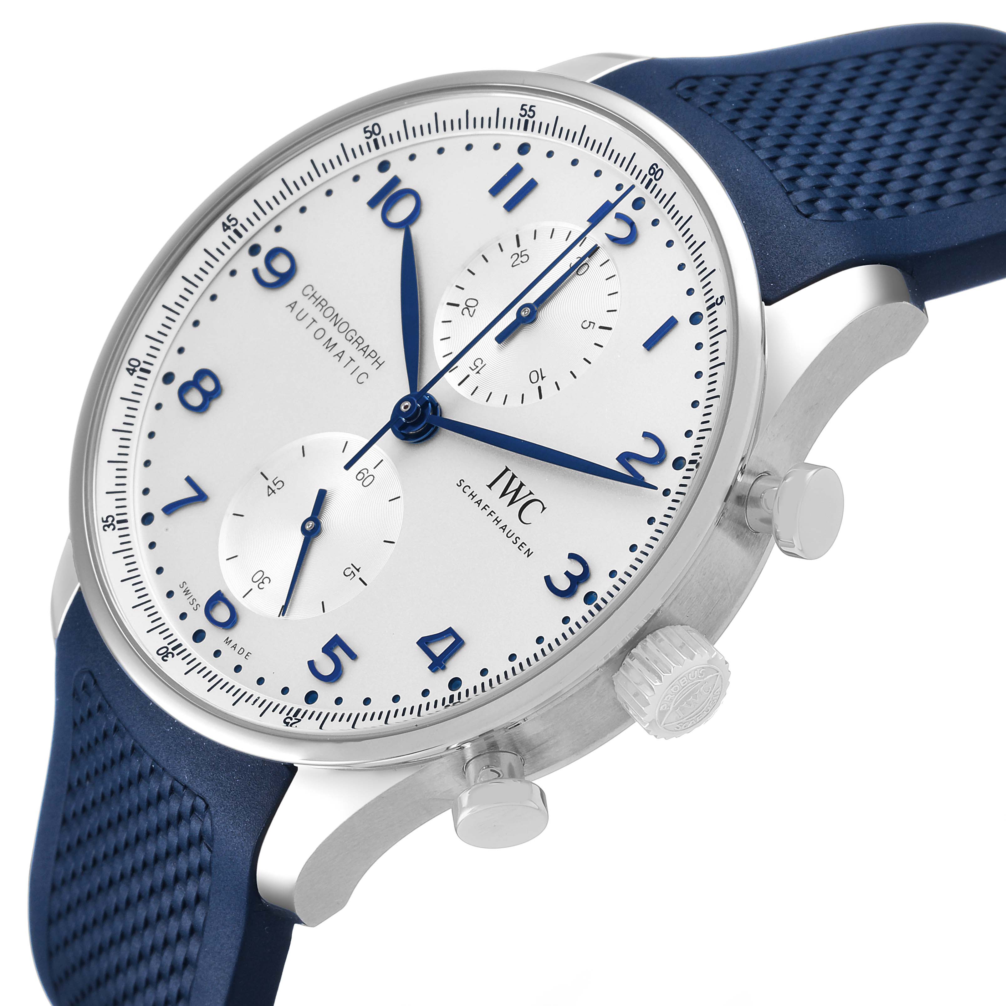 The IWC Portuguese IW371605 Men's Stainless Steel Silver Dial watch is shown at an angled side view, displaying its face, crown, pushers, and blue strap.