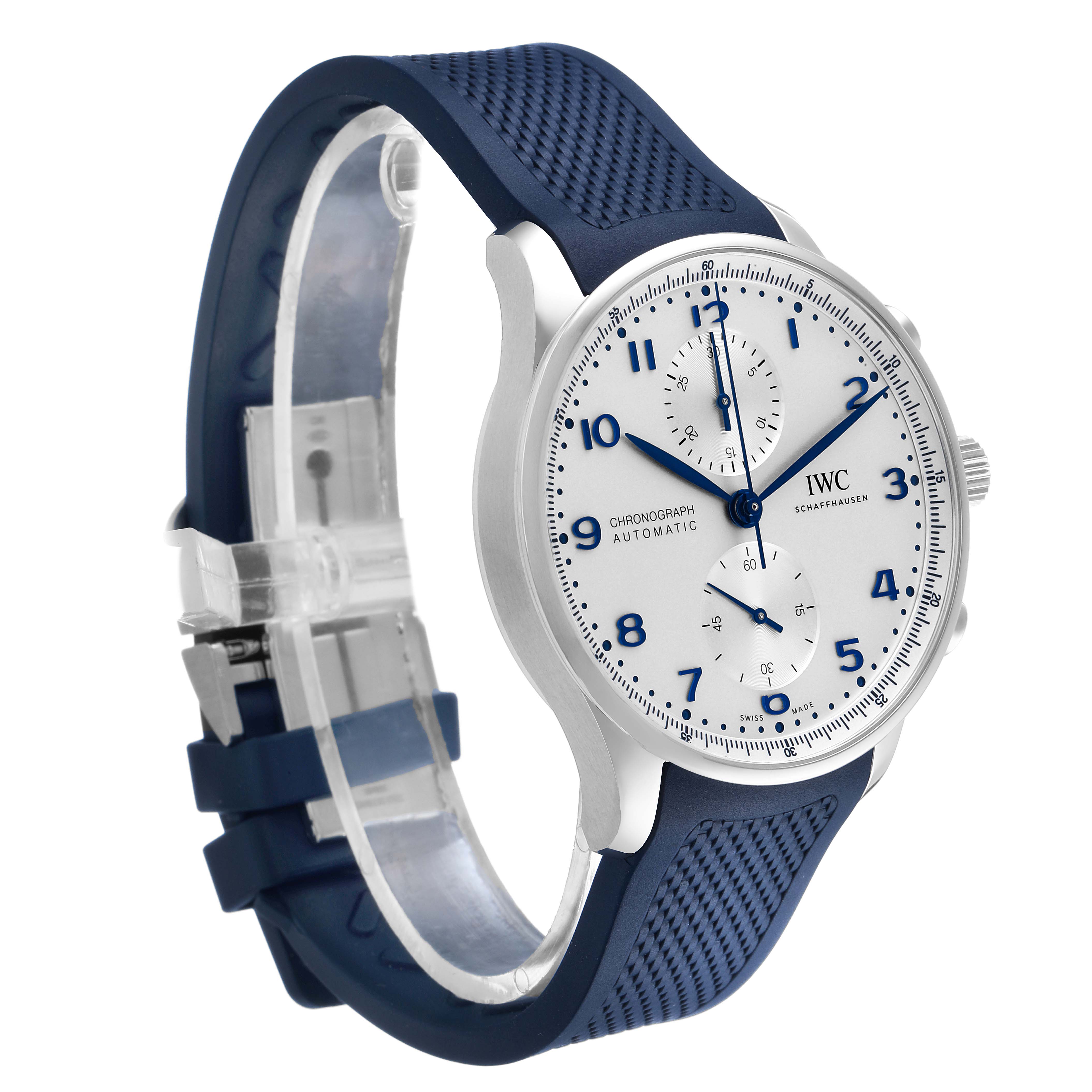 The IWC Portuguese IW371605 Men's Stainless Steel Silver Dial watch is shown at a three-quarter angle, highlighting the face, bezel, and strap.