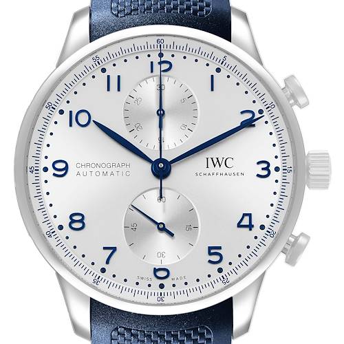 The image shows a frontal view of the IWC Portuguese IW371605 Men's Stainless Steel Silver Dial Chronograph, highlighting the dial, hands, subdials, and crown details.