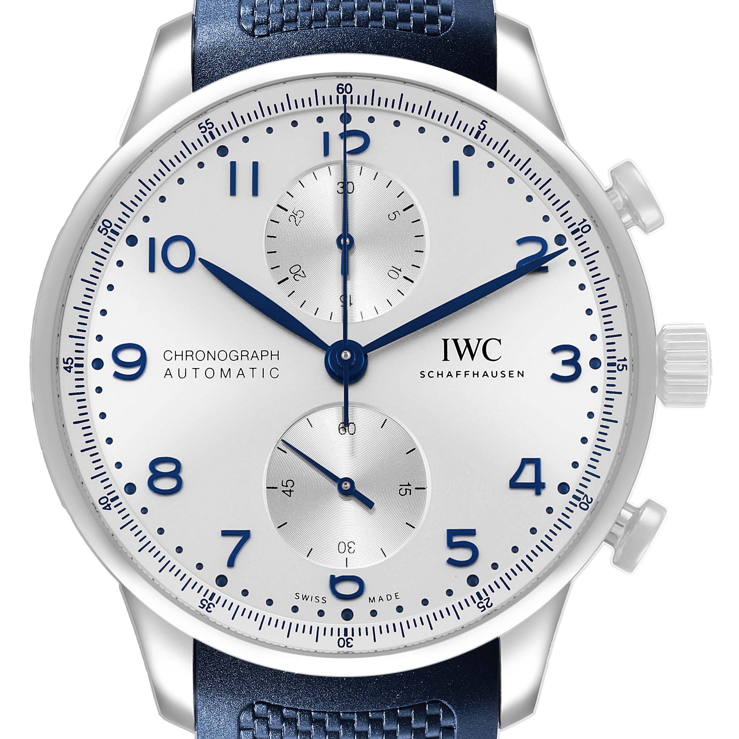 The IWC Portuguese IW371605 Men's Stainless Steel Silver Dial watch is shown from a front angle, displaying the face, numerals, subdials, and crown.