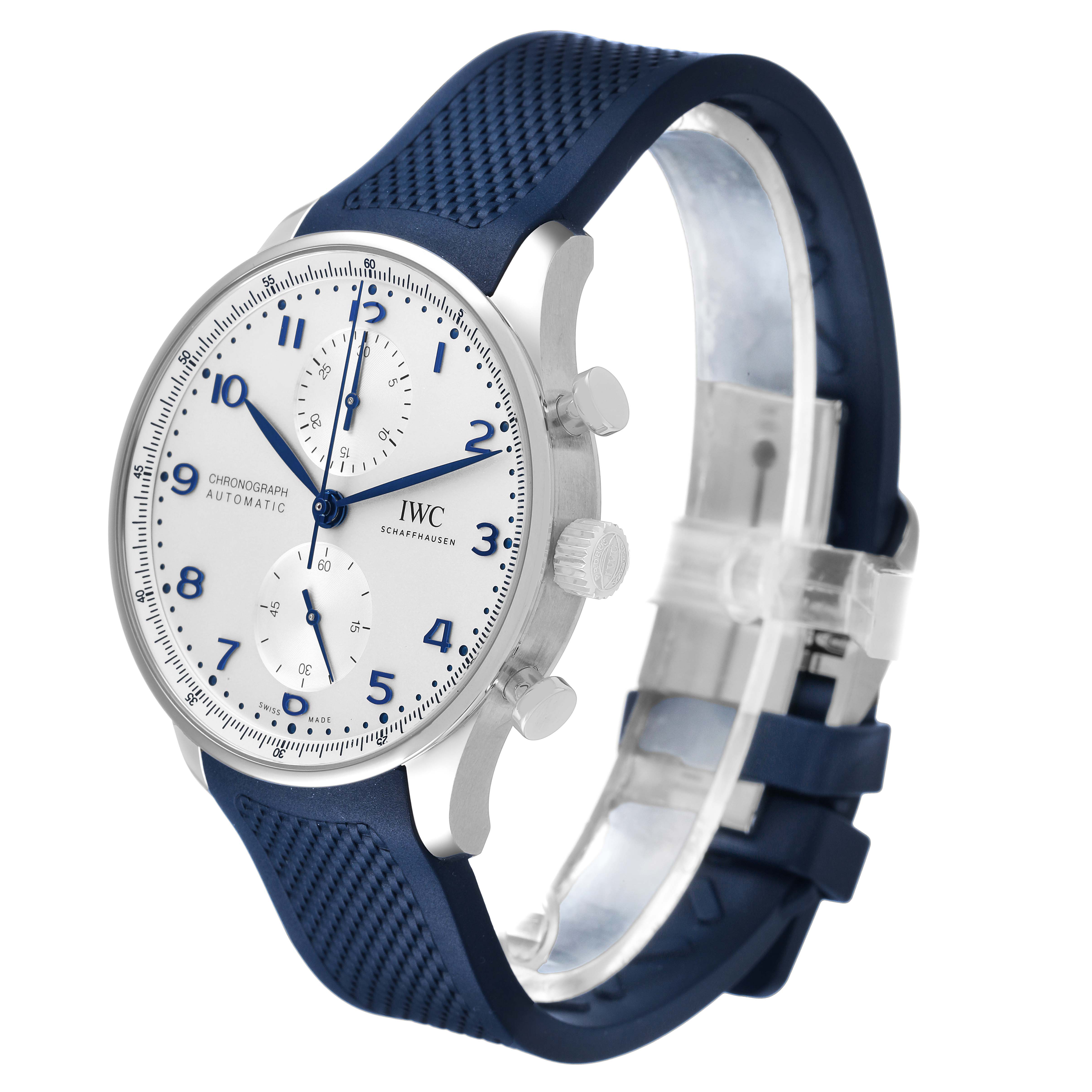 The IWC Portuguese IW371605 Men's Stainless Steel Silver Dial watch is shown at a three-quarter angle, displaying its dial, crown, pushers, and blue strap.