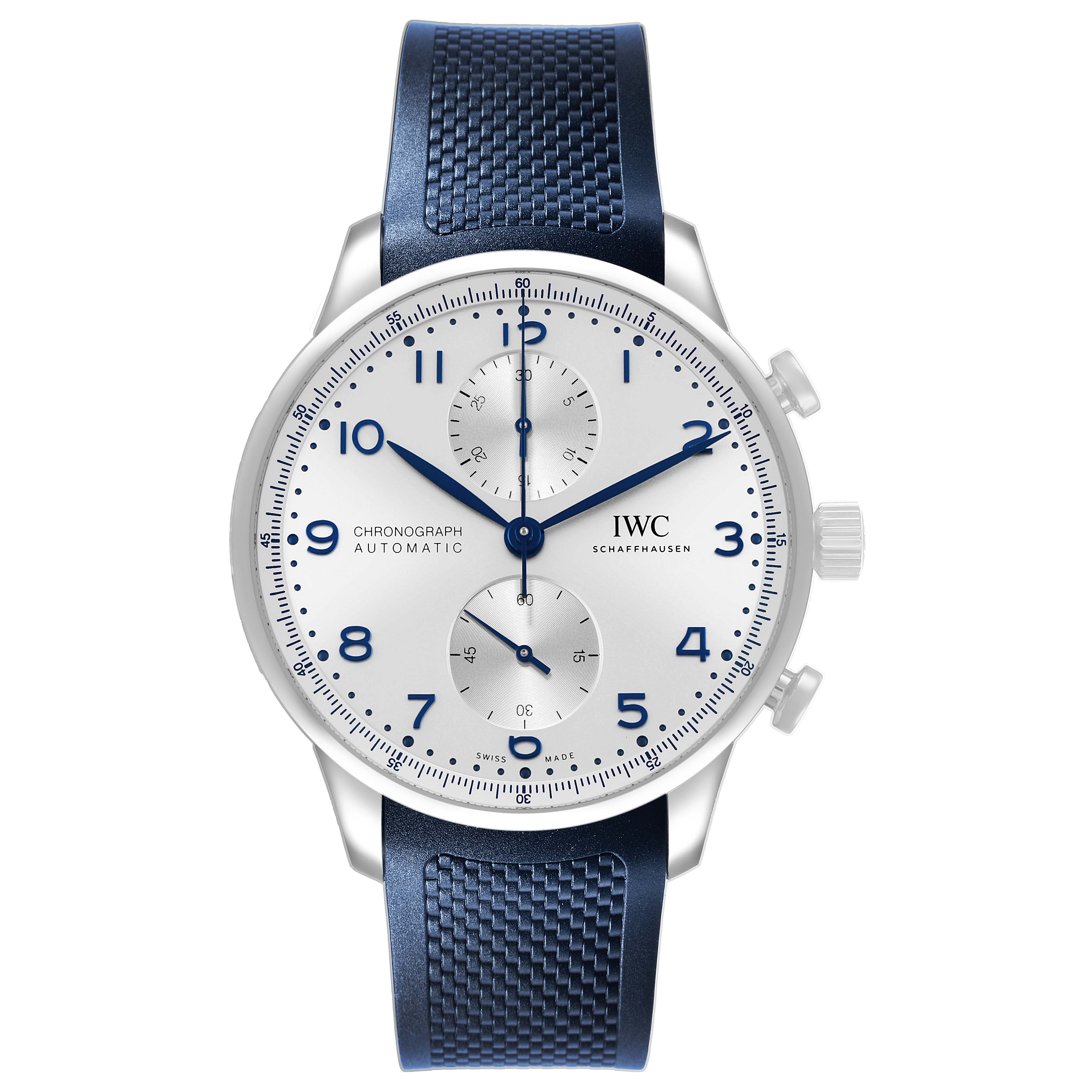 The IWC Portuguese IW371605 Men's Stainless Steel Silver Dial watch is shown from the front, displaying its dial, hands, chronograph subdials, and blue strap.