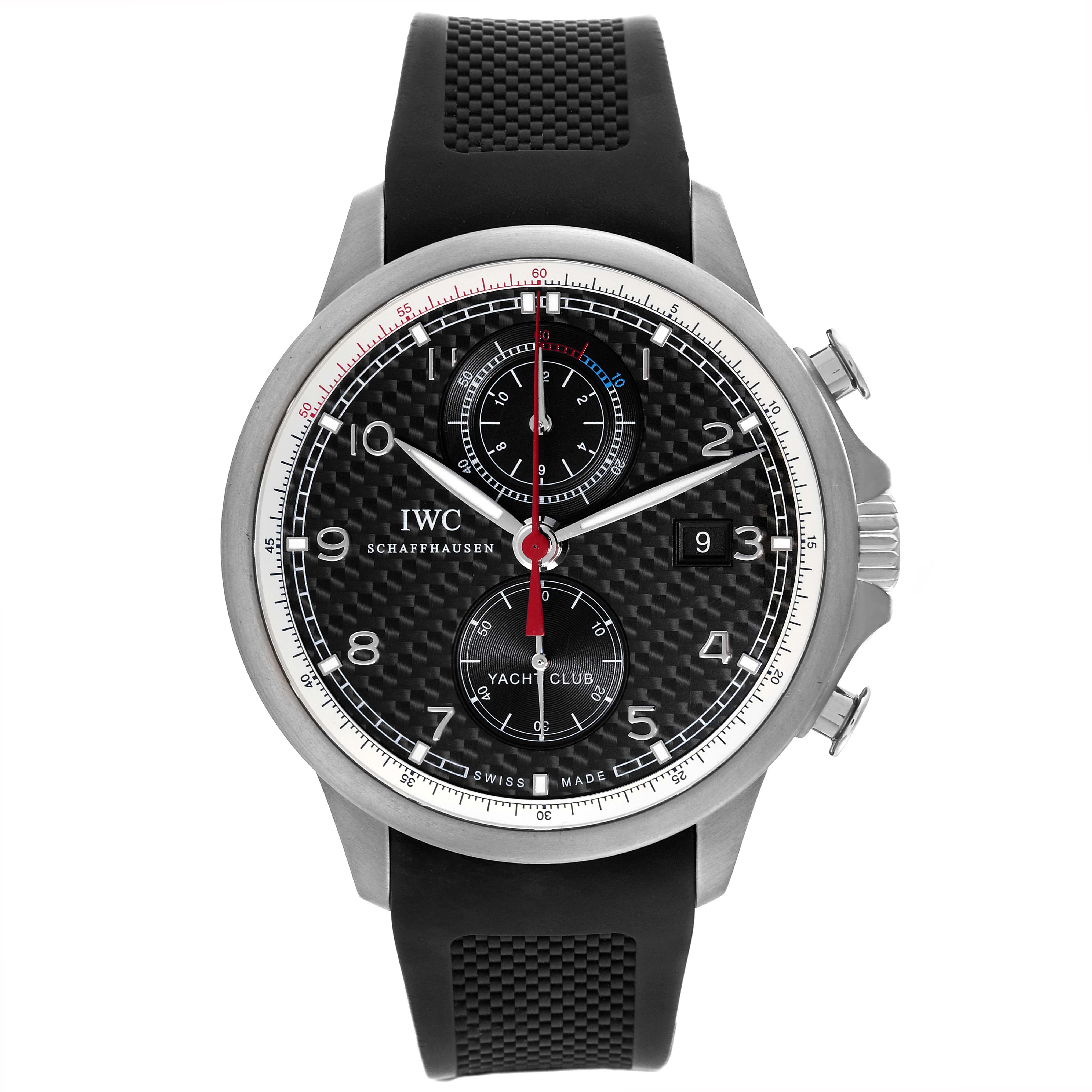 This IWC Portuguese IW390212 Men's Titanium Black Dial IW390212 Men's Titanium Black Dial model watch is shown from the front, displaying the dial, hands, subdials, and part of the strap.