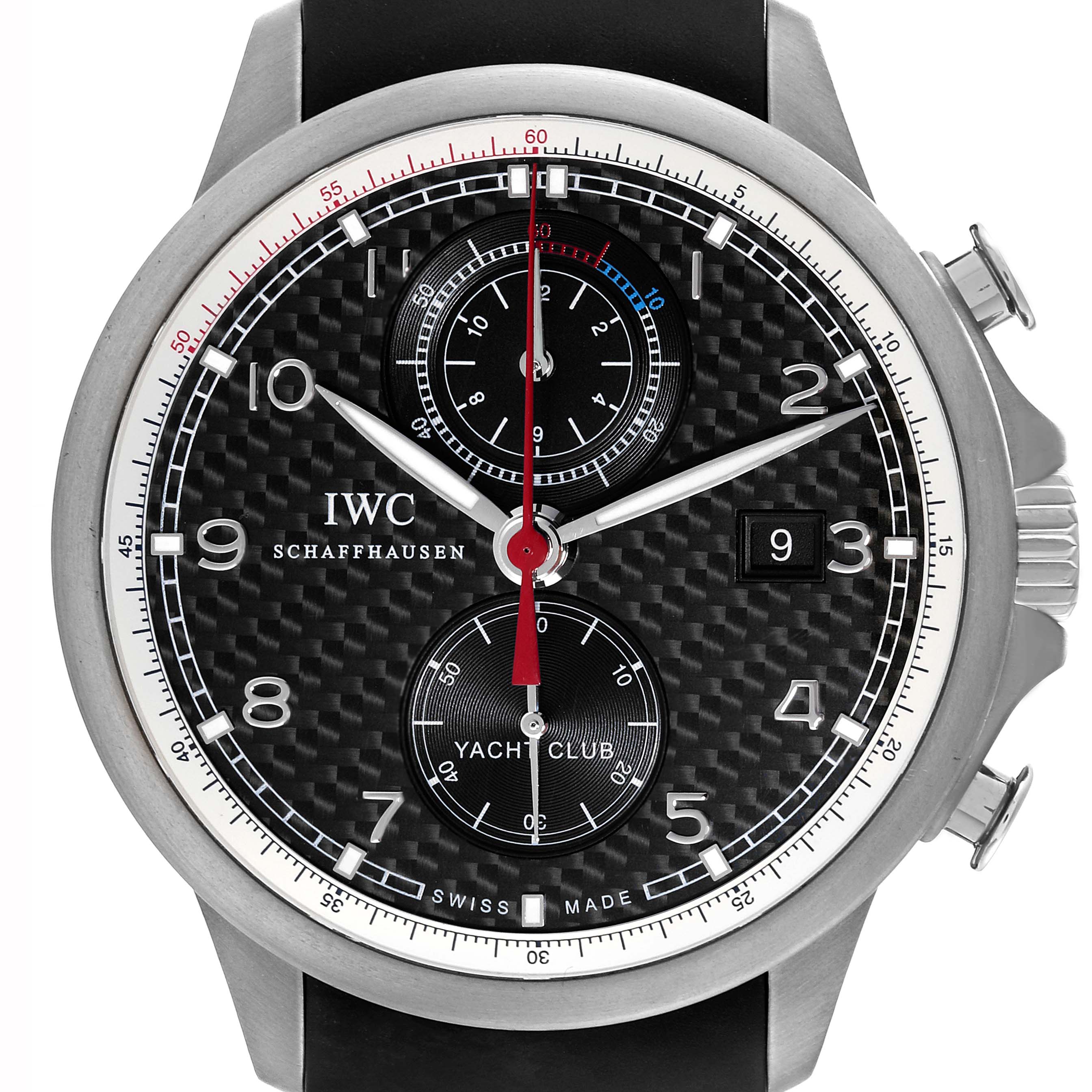 The IWC Portuguese IW390212 Men's Titanium Black Dial IW390212 Men's Titanium Black Dial Yacht Club watch is shown from a front angle, featuring its dial, hands, sub-dials, and crown.