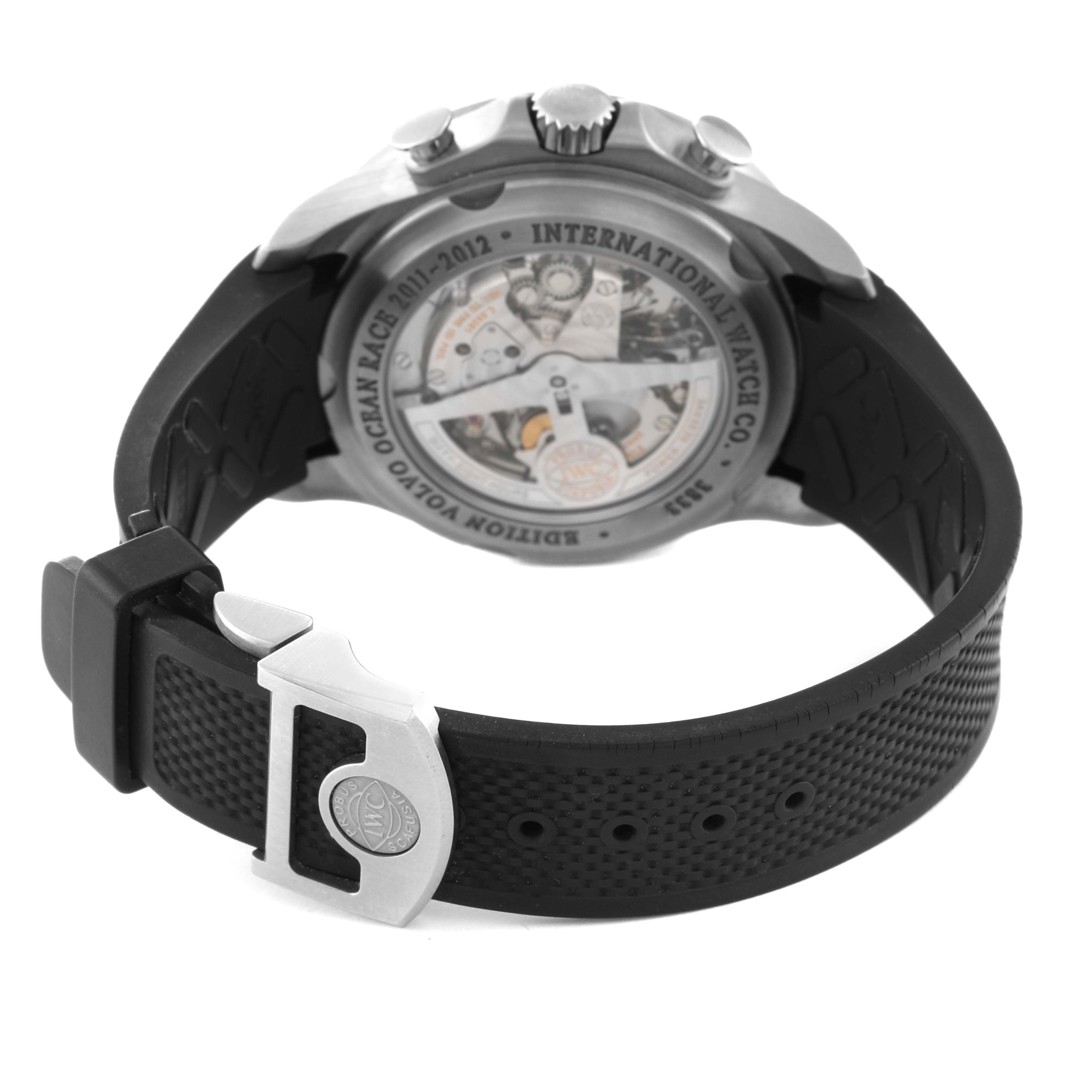 This image shows the back view of an IWC Portuguese IW390212 Men's Titanium Black Dial IW390212 Men's Titanium Black Dial model watch, highlighting its movement, case back, and strap.