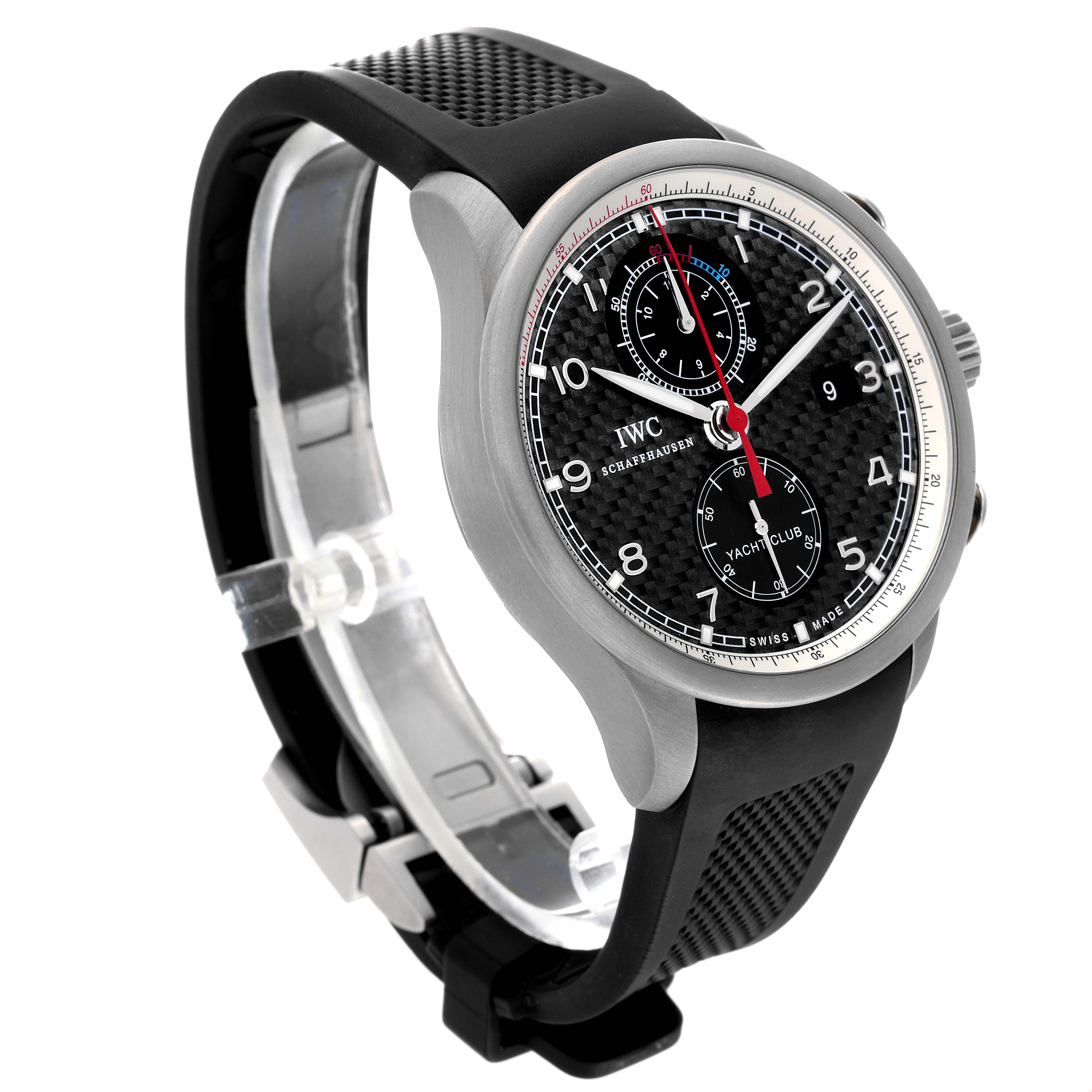 The image shows a side-angle view of the IWC Portuguese IW390212 Men's Titanium Black Dial IW390212 Men's Titanium Black Dial watch, highlighting the black dial, chronograph sub-dials, and rubber strap.