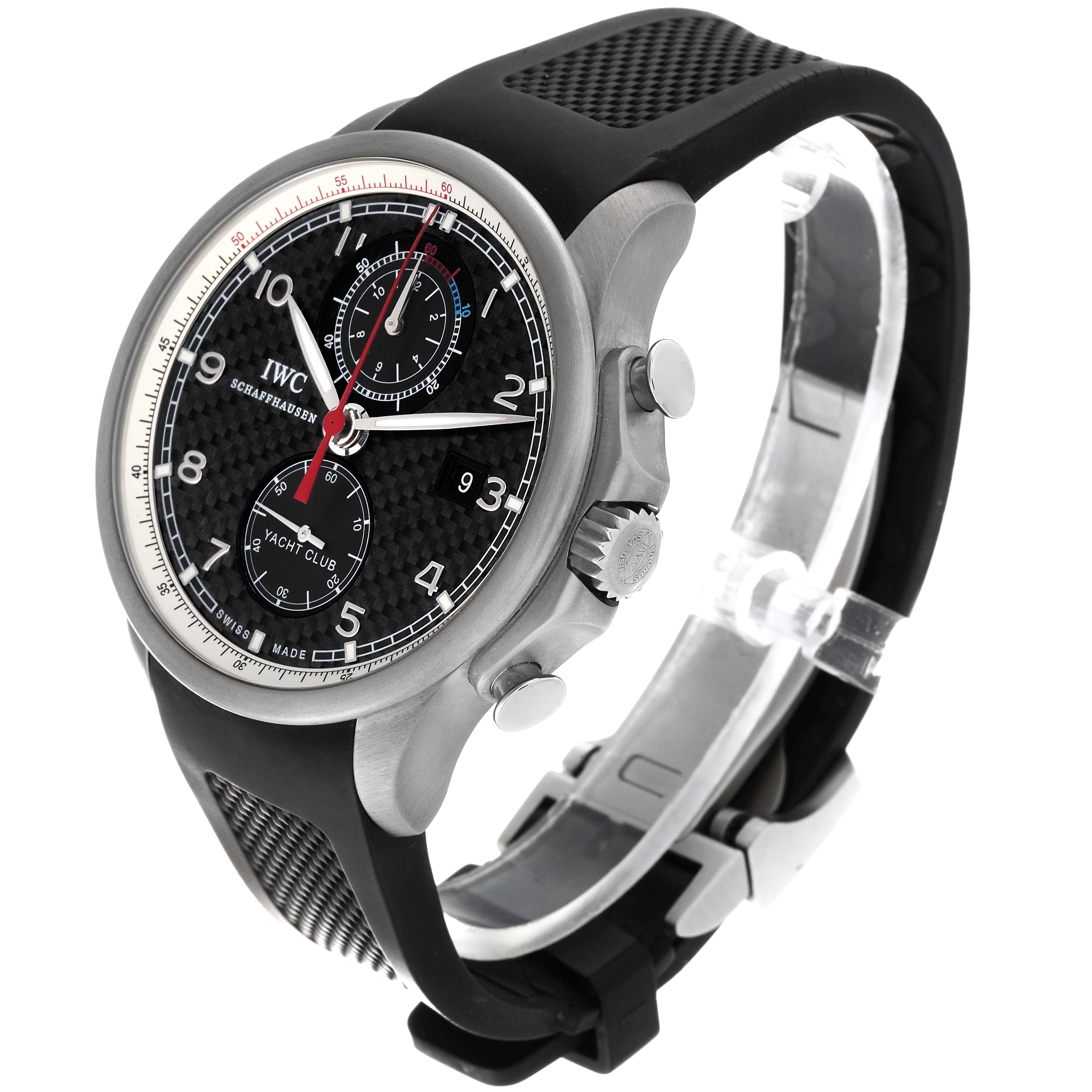 The image shows an IWC Portuguese IW390212 Men's Titanium Black Dial IW390212 Men's Titanium Black Dial model watch from an angled side view, featuring its face, buttons, crown, and part of the strap.