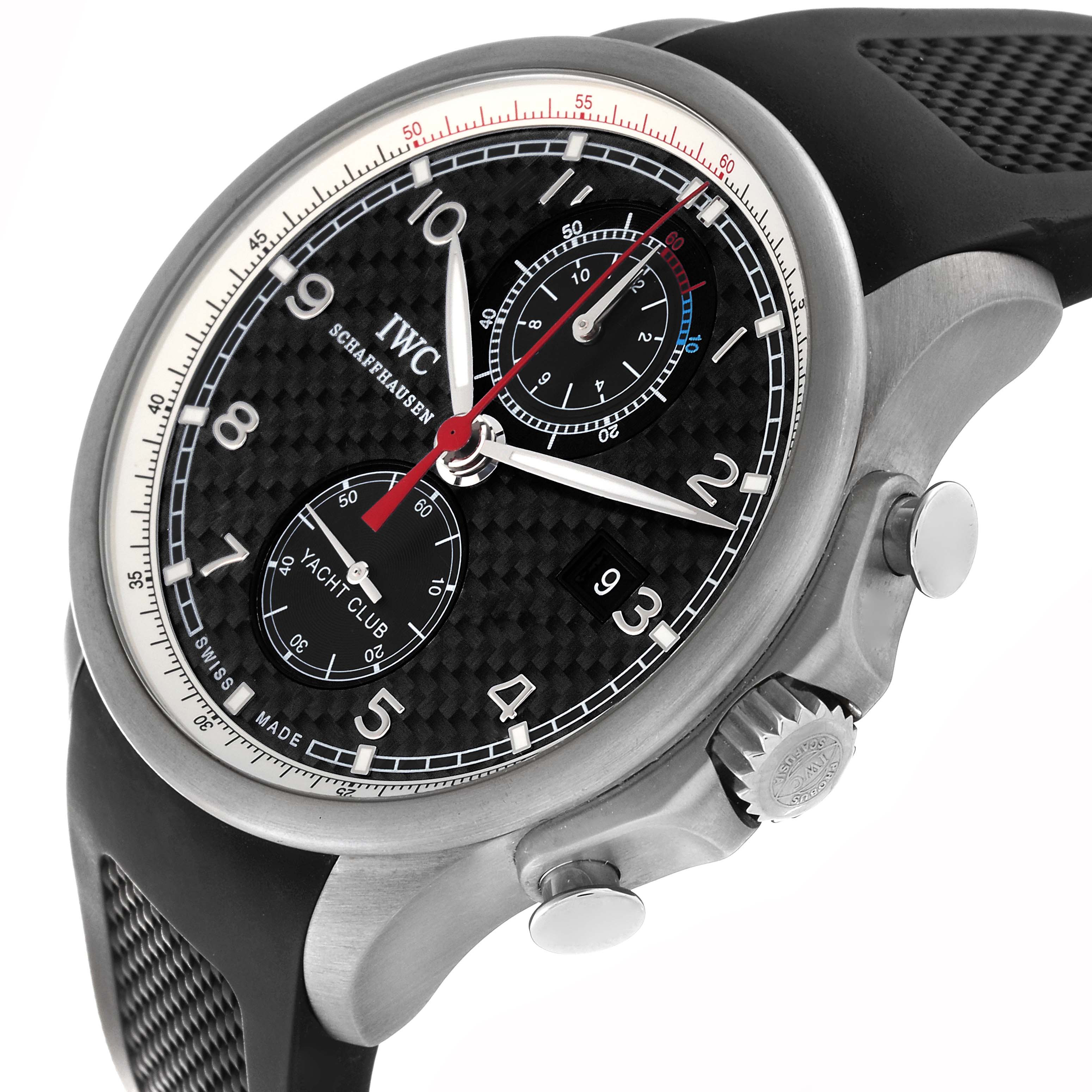 The IWC Portuguese IW390212 Men's Titanium Black Dial IW390212 Men's Titanium Black Dial Yacht Club watch is shown from a side angle, highlighting the dial, crown, and pushers.