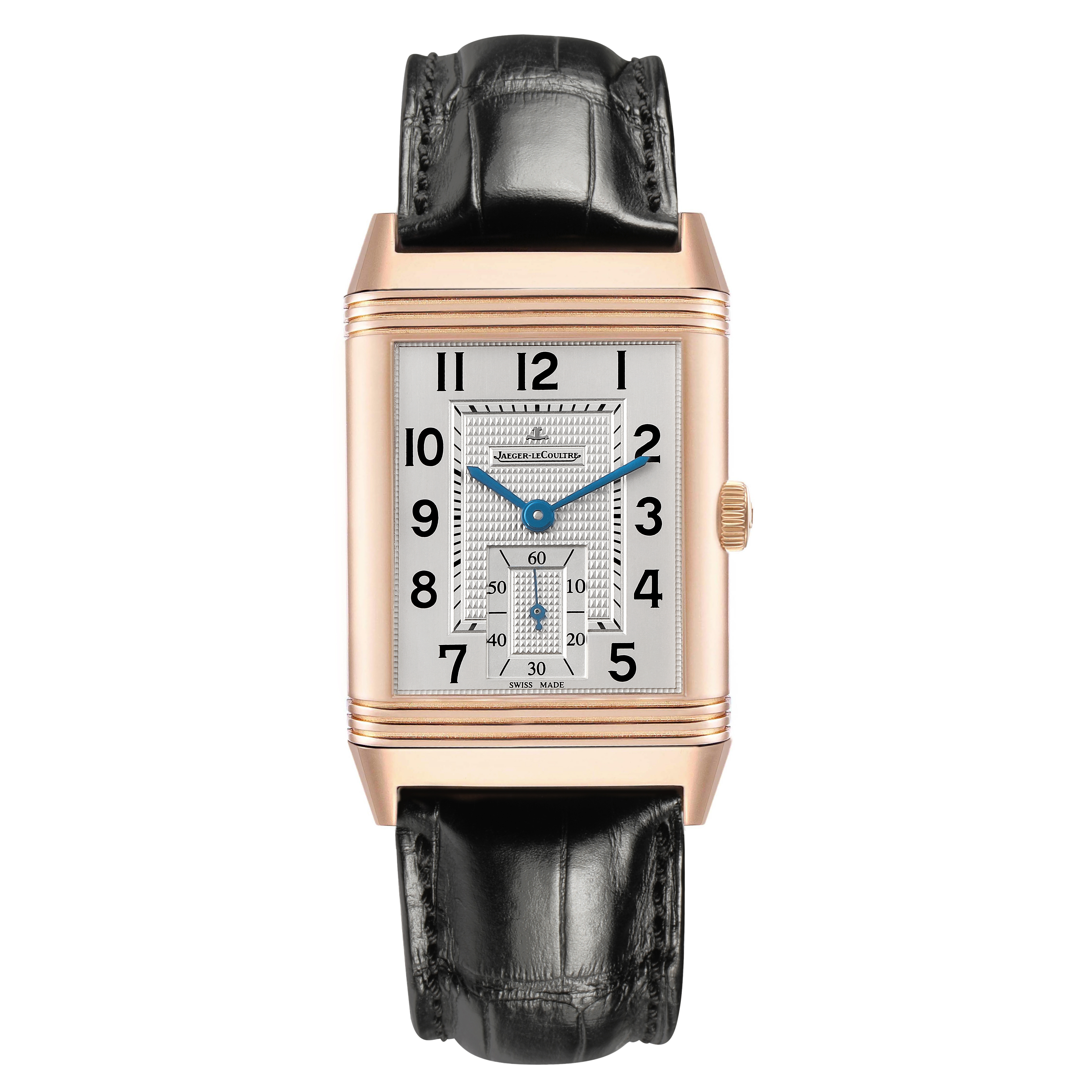 The Jaeger LeCoultre Reverso Q3732520 Men's Rose Gold Silver Dial watch is shown from the front, highlighting the dial, hands, and strap.