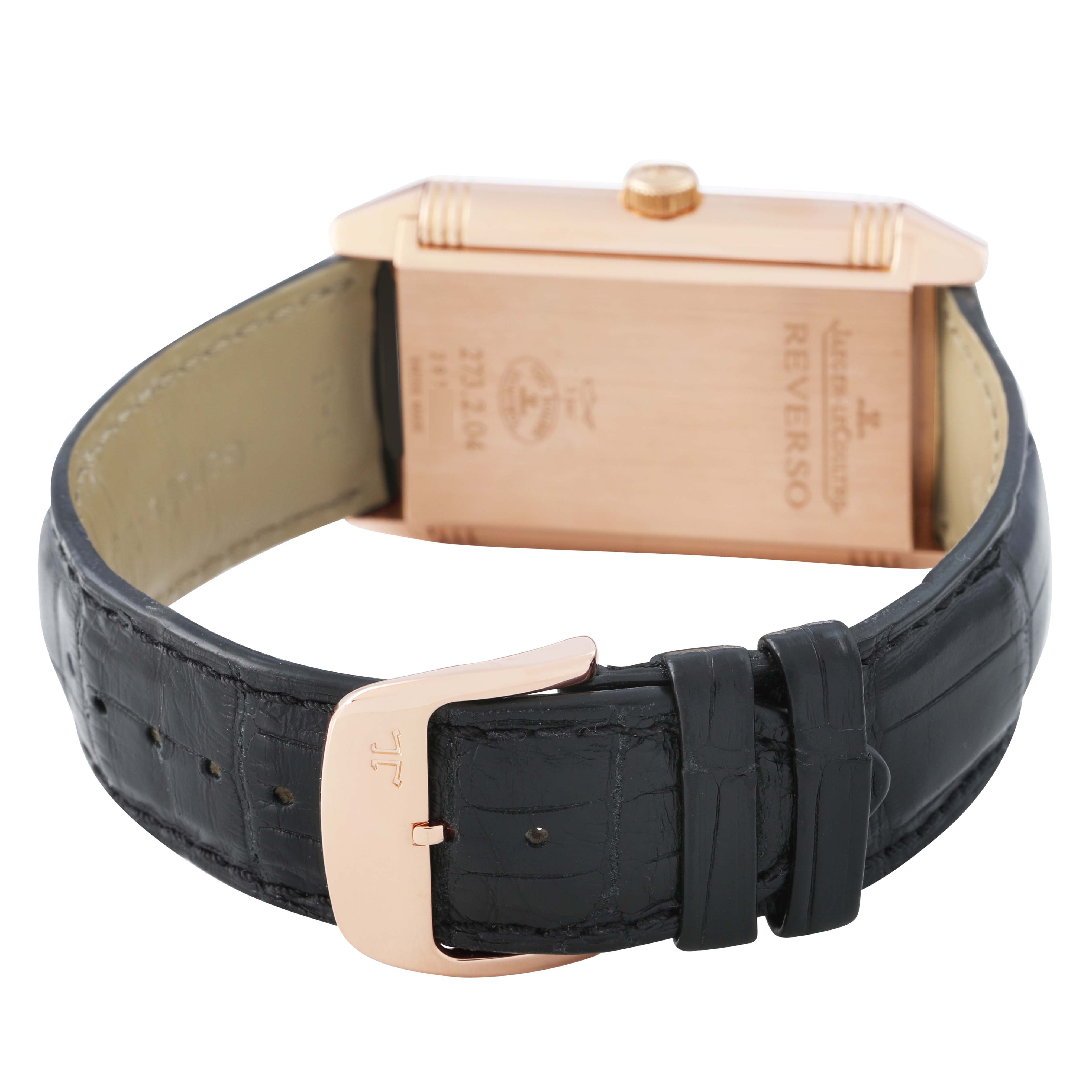 The Jaeger LeCoultre Reverso Q3732520 Men's Rose Gold Silver Dial watch is shown from the back, highlighting its case, strap, and buckle.
