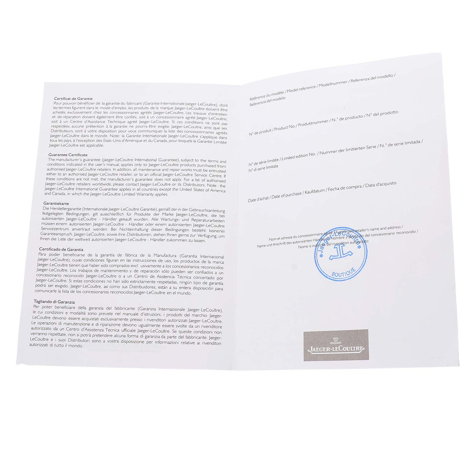 This image shows a Jaeger-LeCoultre Reverso model warranty card, featuring text and a blue stamp.