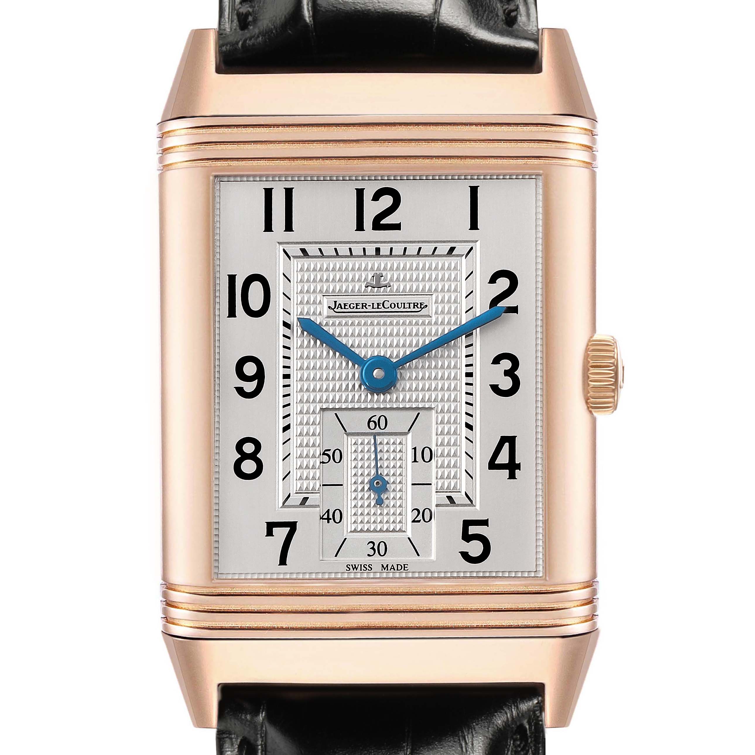 The Jaeger-LeCoultre Reverso watch is shown from the front, displaying the dial, case, and crown.