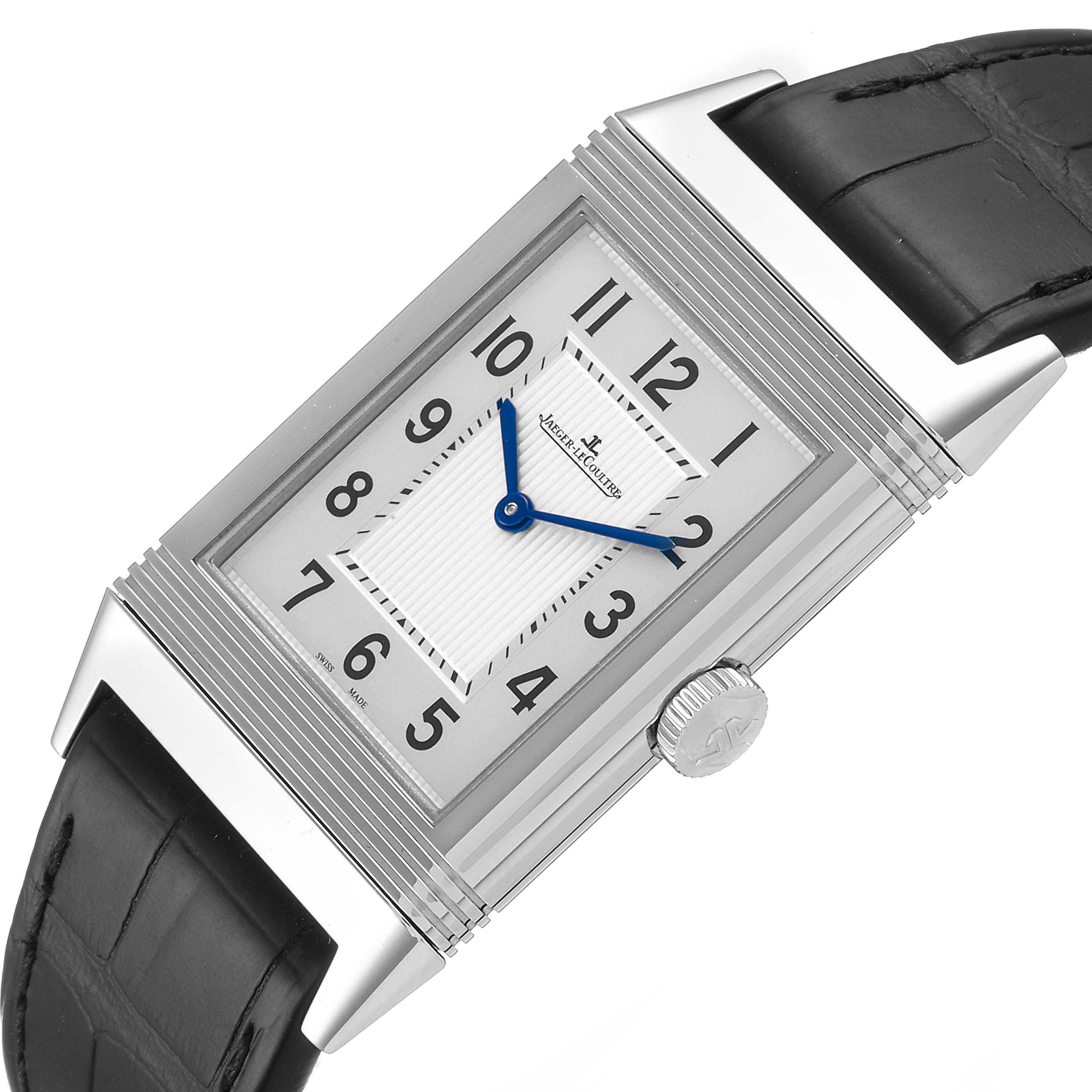 This image shows a Jaeger LeCoultre Reverso Q2788520 Men's Stainless Steel Silver Dial Q2788520 Men's Stainless Steel Silver Dial watch, highlighting the face, blue hands, crown, and part of the black leather strap.