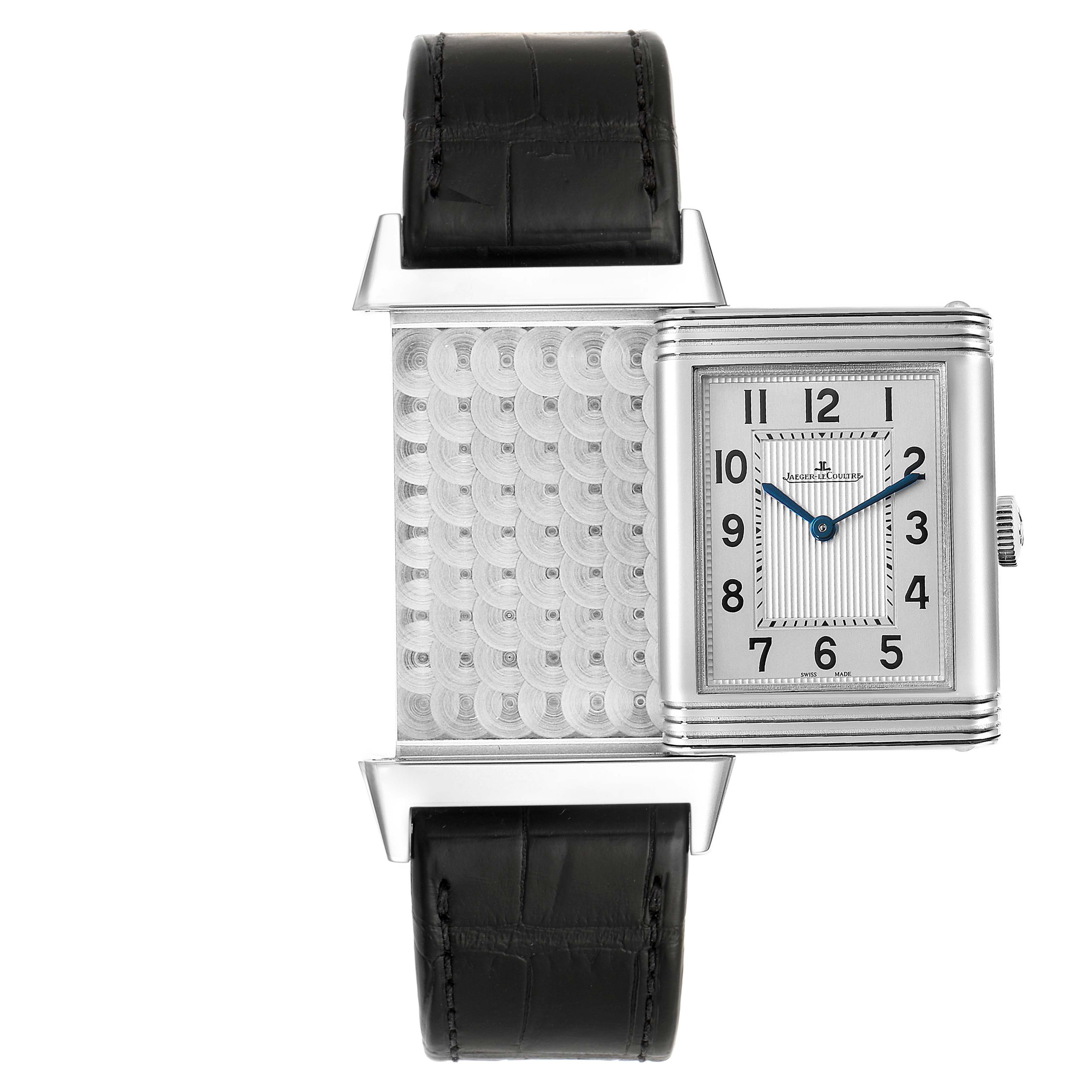 The Jaeger LeCoultre Reverso Q2788520 Men's Stainless Steel Silver Dial Q2788520 Men's Stainless Steel Silver Dial watch is shown at a top-down angle with its reversible case partially open.