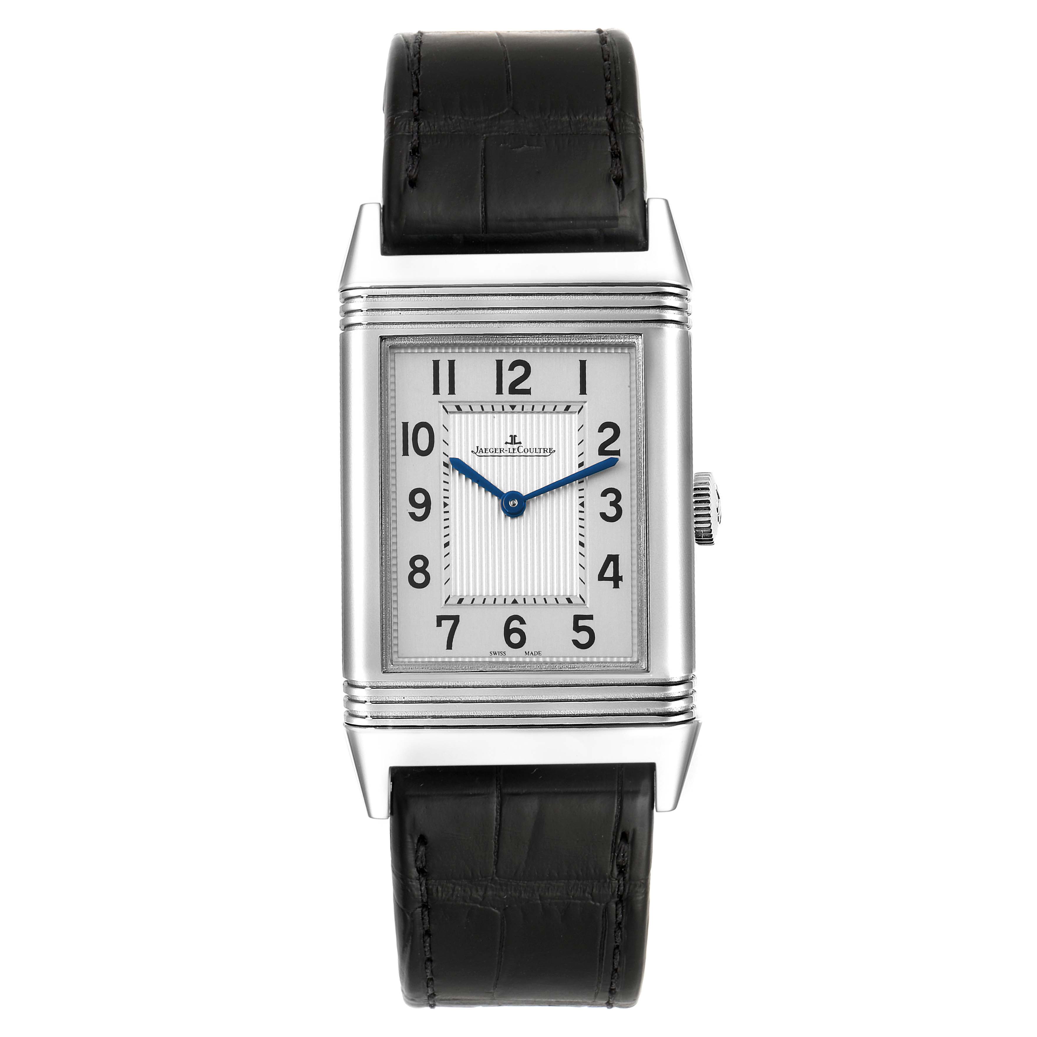 The image shows a front view of the Reverso model watch by Jaeger LeCoultre, displaying its rectangular face and black leather strap.