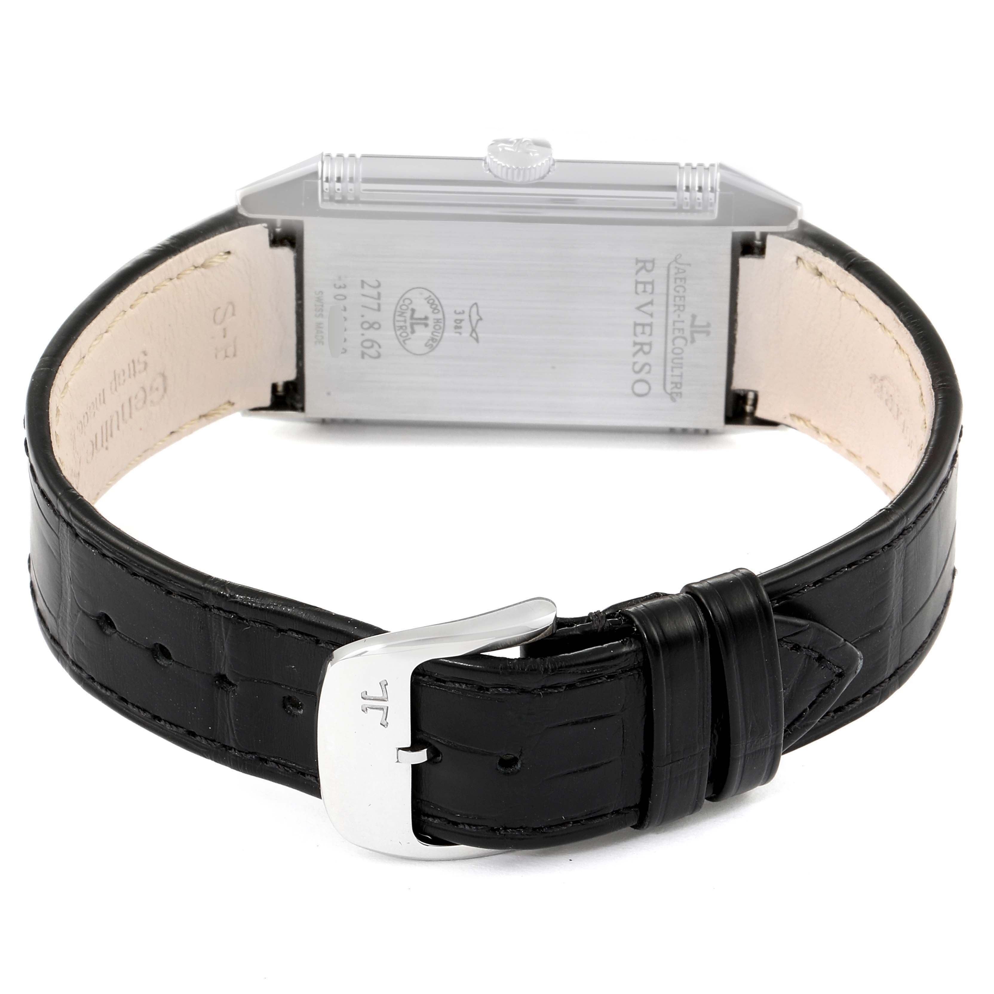 This image shows the back of a Jaeger LeCoultre Reverso Q2788520 Men's Stainless Steel Silver Dial Q2788520 Men's Stainless Steel Silver Dial watch, focusing on the strap and the case back.