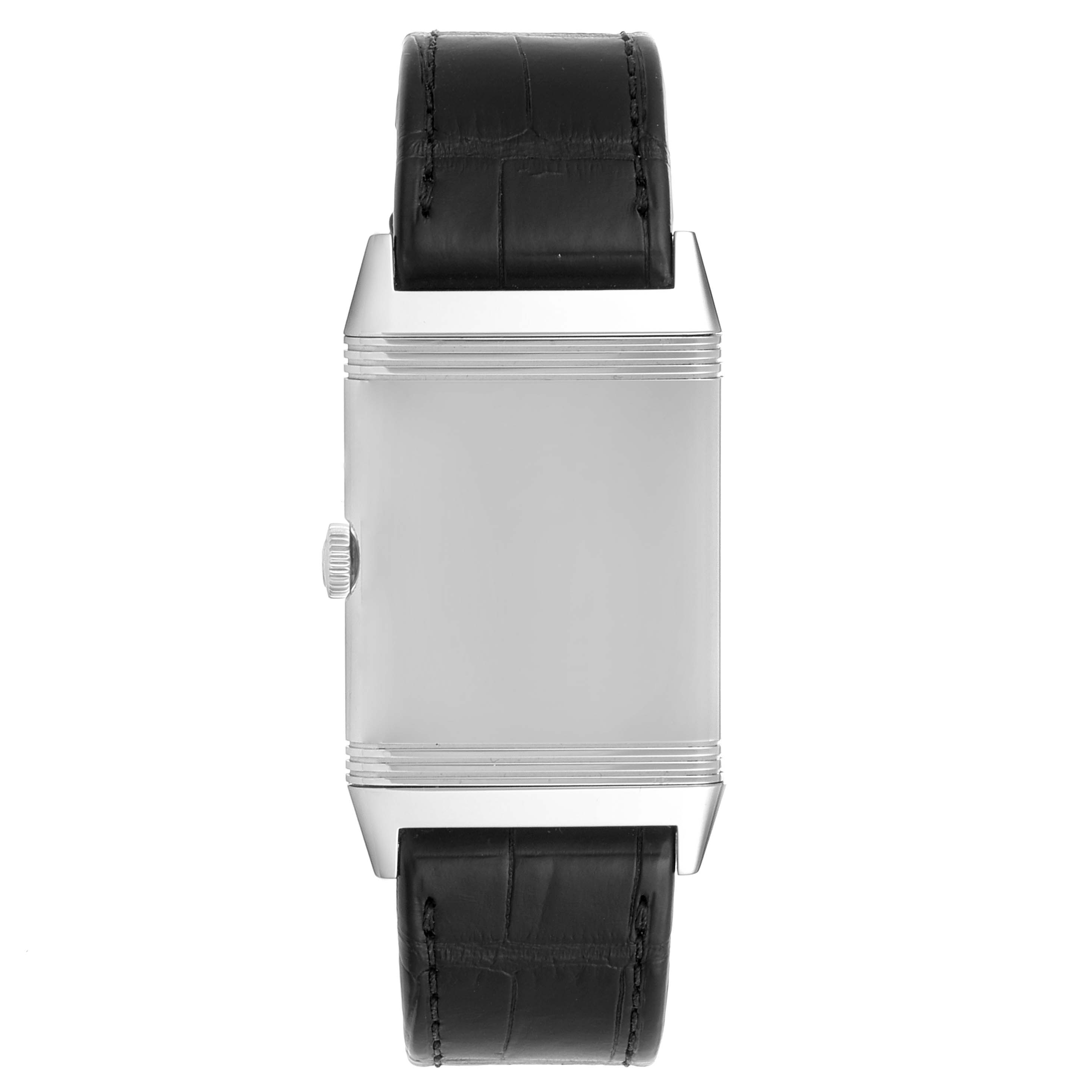 The image shows a frontal view of a Jaeger-LeCoultre Reverso watch, with its case back and leather strap visible.