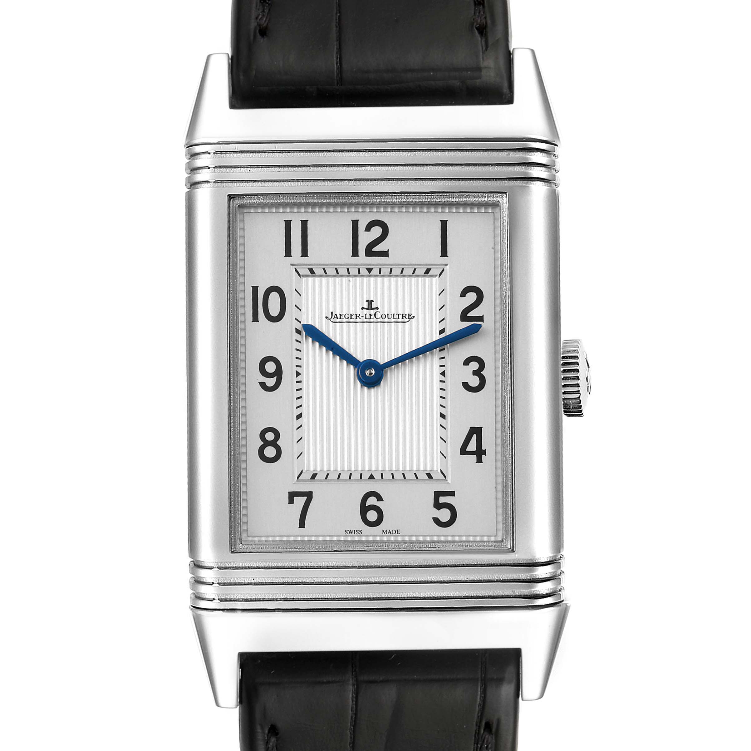 The image shows a front view of a Jaeger LeCoultre Reverso Q2788520 Men's Stainless Steel Silver Dial Q2788520 Men's Stainless Steel Silver Dial watch, highlighting its rectangular face, dial, hands, and leather strap.