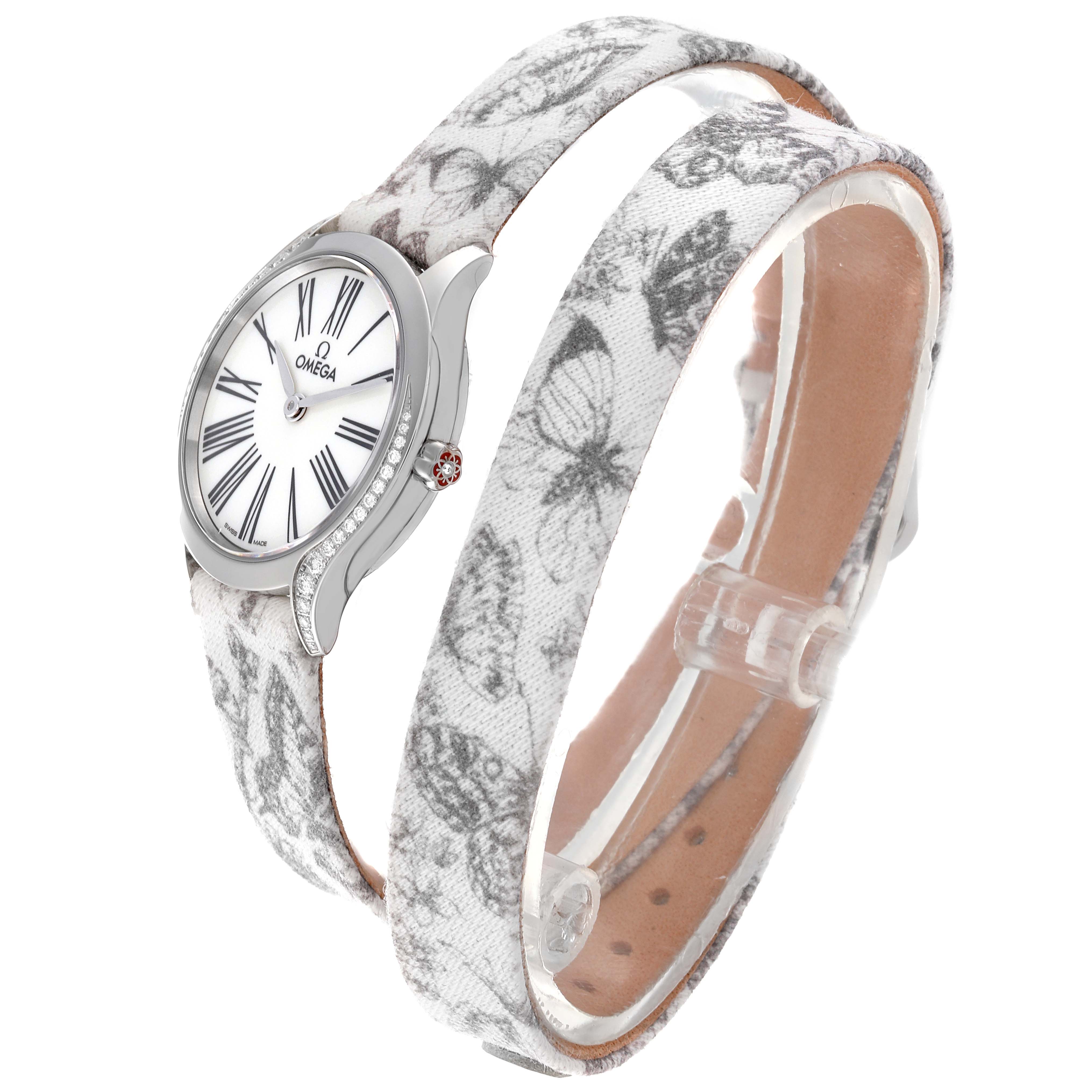 The image shows the front and side view of the Omega 428.17.26.60.04.002 Women's Stainless Steel White Dial 428.17.26.60.04.002 Women's Stainless Steel White Dial DeVille Mini Tresor Steel Diamond Ladies Watch 428.17.26.60.04.002 with a butterfly-patterned strap.