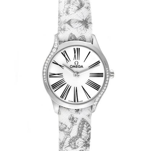 The Omega DeVille Mini Tresor Steel Diamond Ladies Watch 428.17.26.60.04.002 is shown from a front angle.