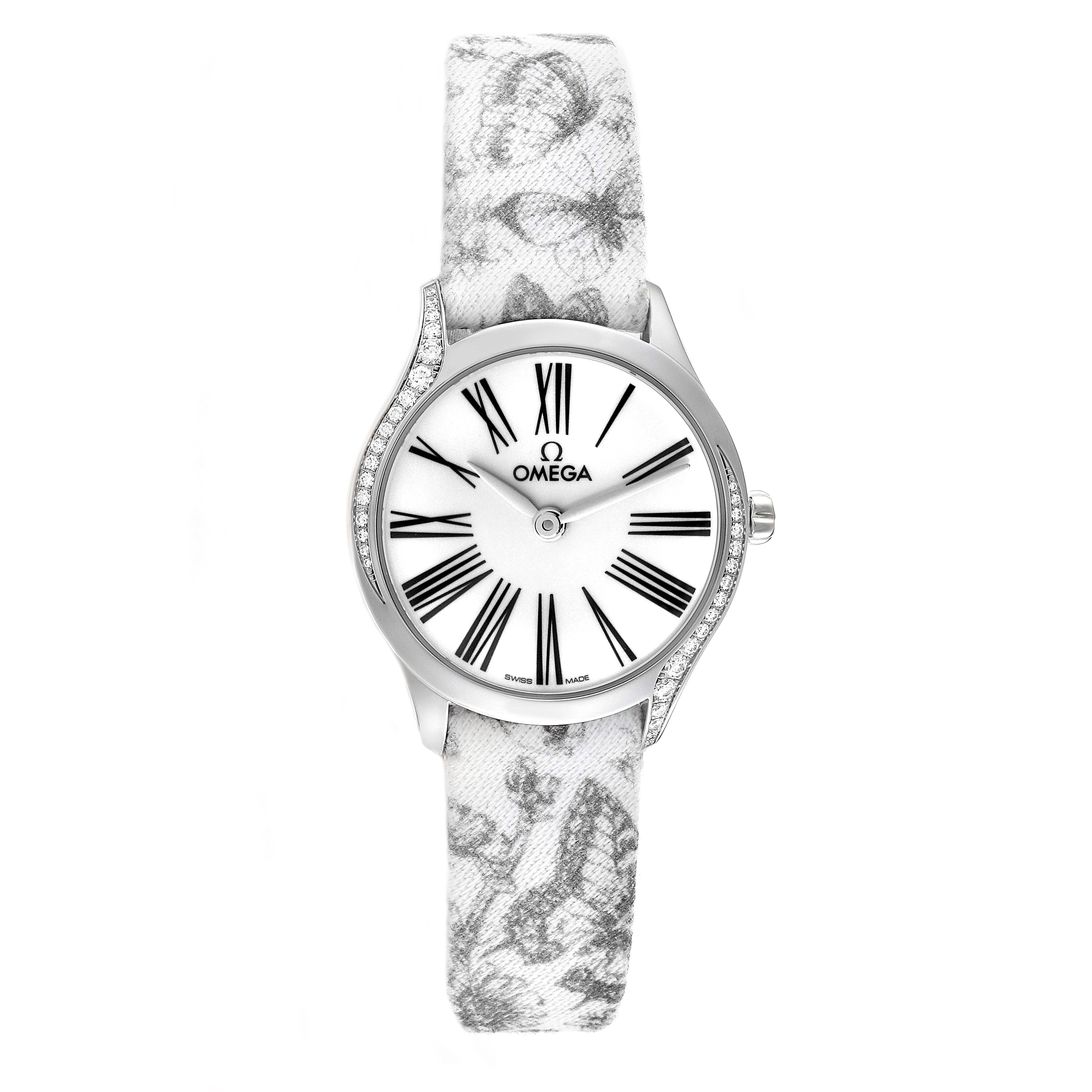 The image shows a frontal view of the Omega 428.17.26.60.04.002 Women's Stainless Steel White Dial 428.17.26.60.04.002 Women's Stainless Steel White Dial DeVille Mini Tresor Steel Diamond Ladies Watch 428.17.26.60.04.002, highlighting its face and strap.