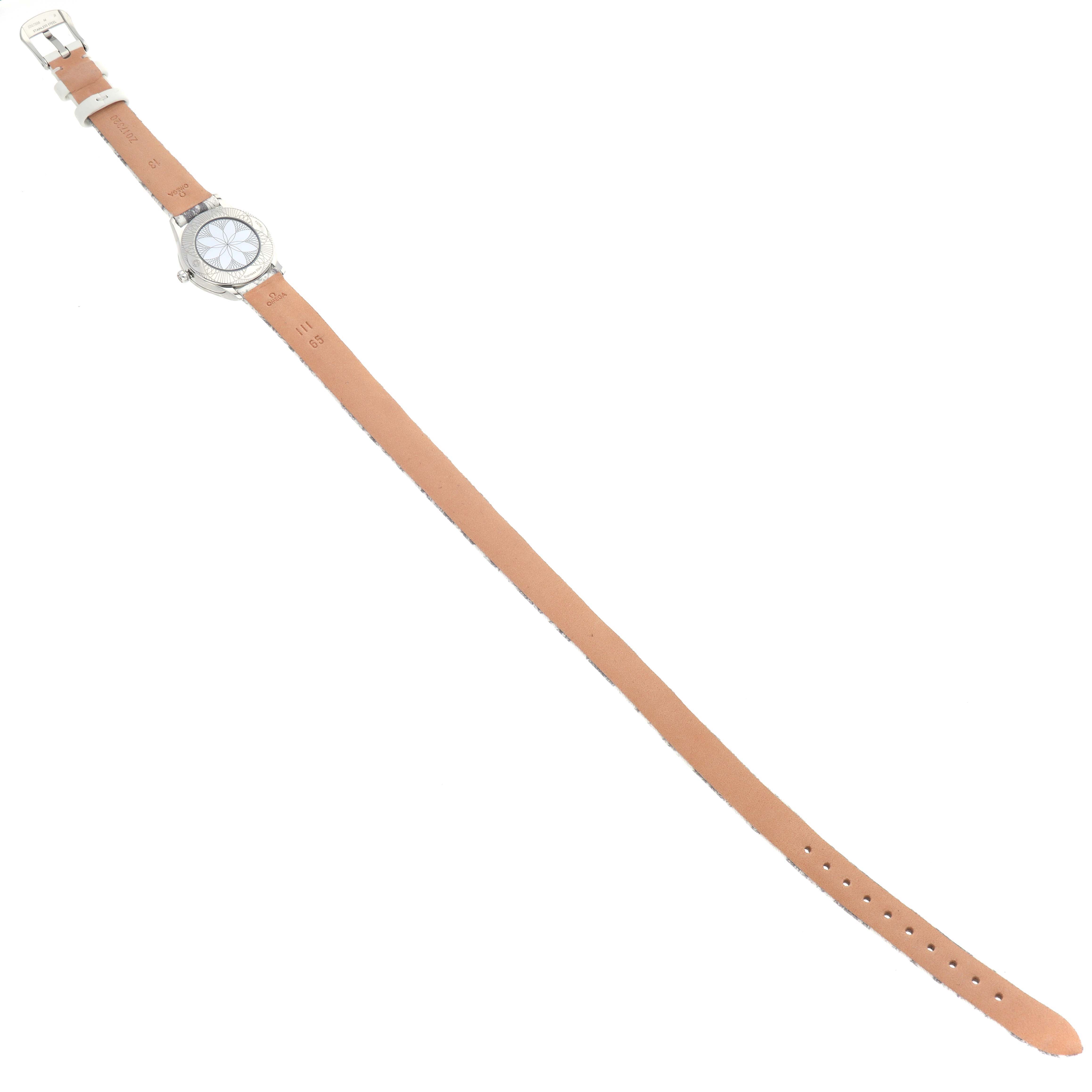 The Omega 428.17.26.60.04.002 Women's Stainless Steel White Dial 428.17.26.60.04.002 Women's Stainless Steel White Dial DeVille Mini Tresor Steel Diamond Ladies Watch is shown fully extended, displaying the watch face and the entire strap.