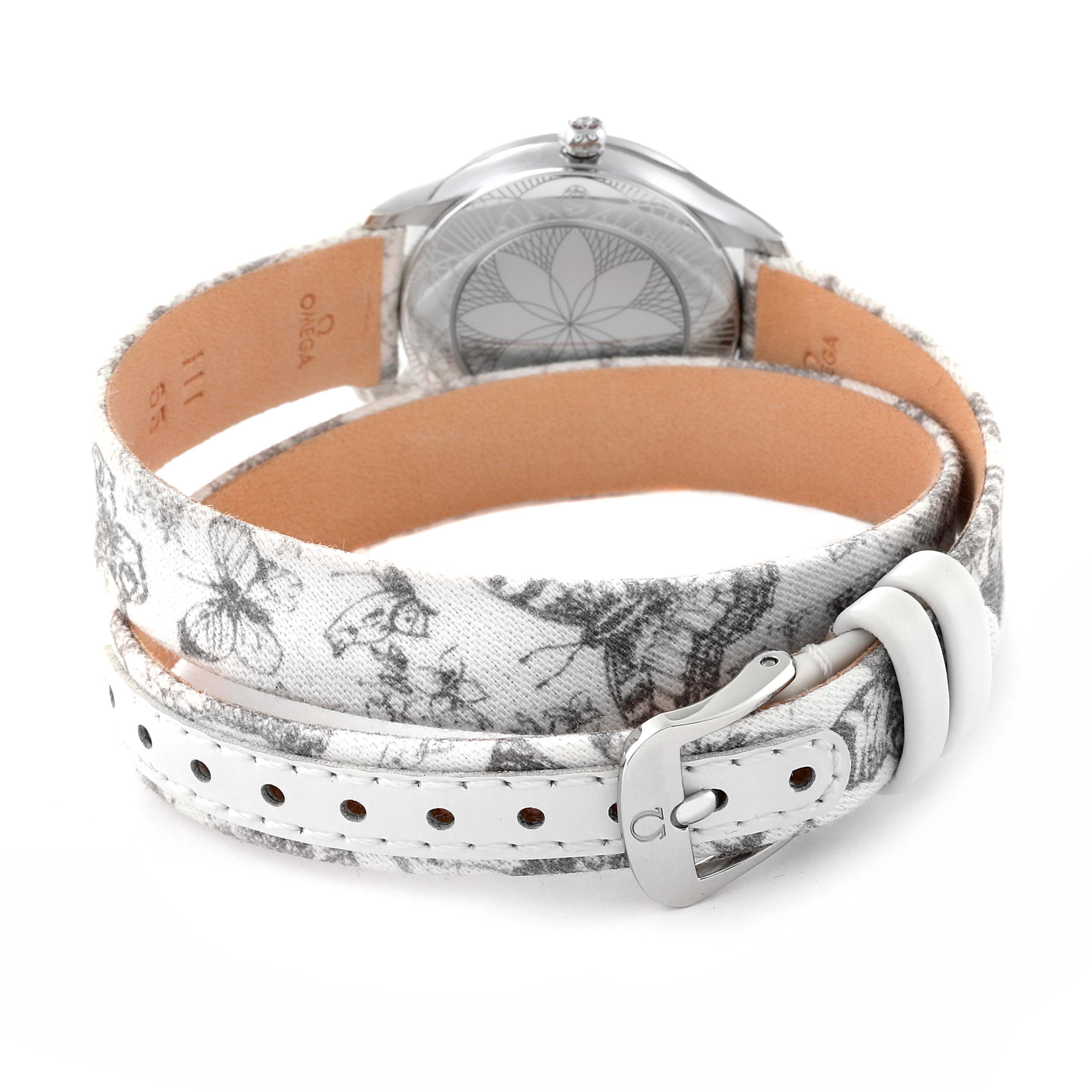 The image shows the back view and strap of an Omega 428.17.26.60.04.002 Women's Stainless Steel White Dial 428.17.26.60.04.002 Women's Stainless Steel White Dial DeVille Mini Tresor Steel Diamond Ladies Watch model 428.17.26.60.04.002.