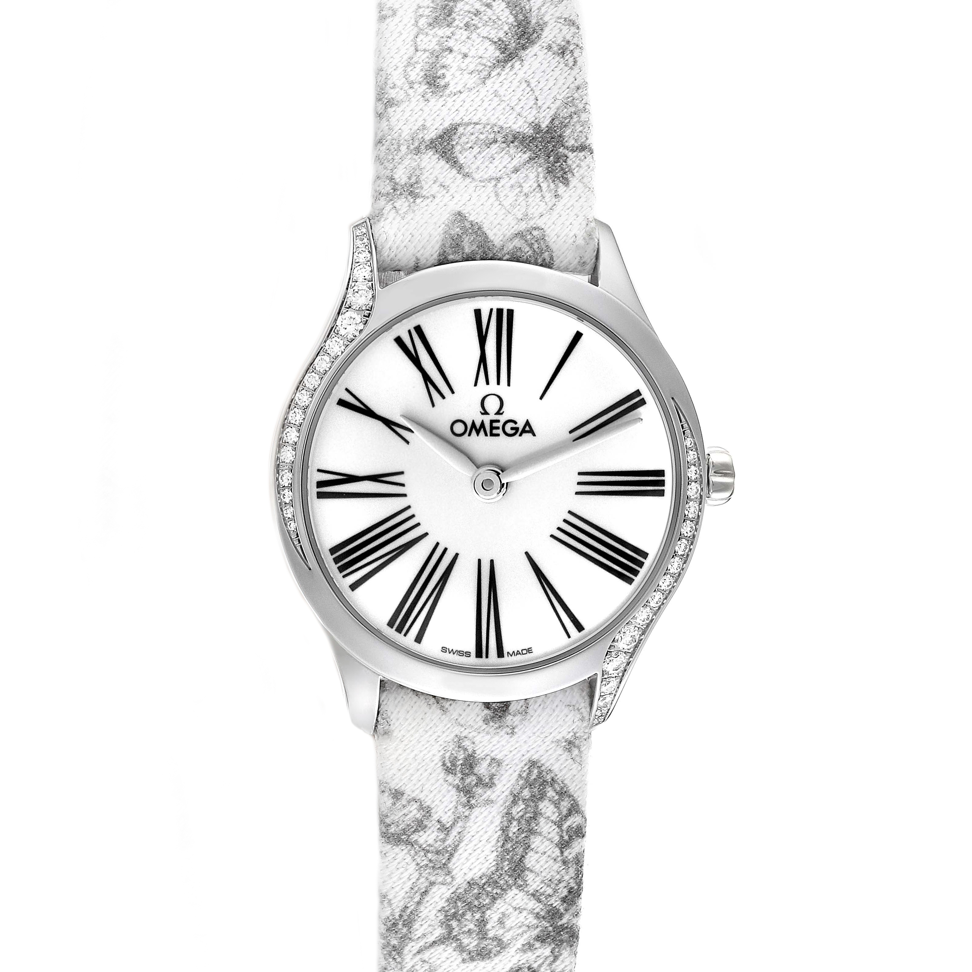 The image shows a front view of the Omega 428.17.26.60.04.002 Women's Stainless Steel White Dial 428.17.26.60.04.002 Women's Stainless Steel White Dial DeVille Mini Tresor Steel Diamond Ladies Watch 428.17.26.60.04.002, highlighting its dial and strap.