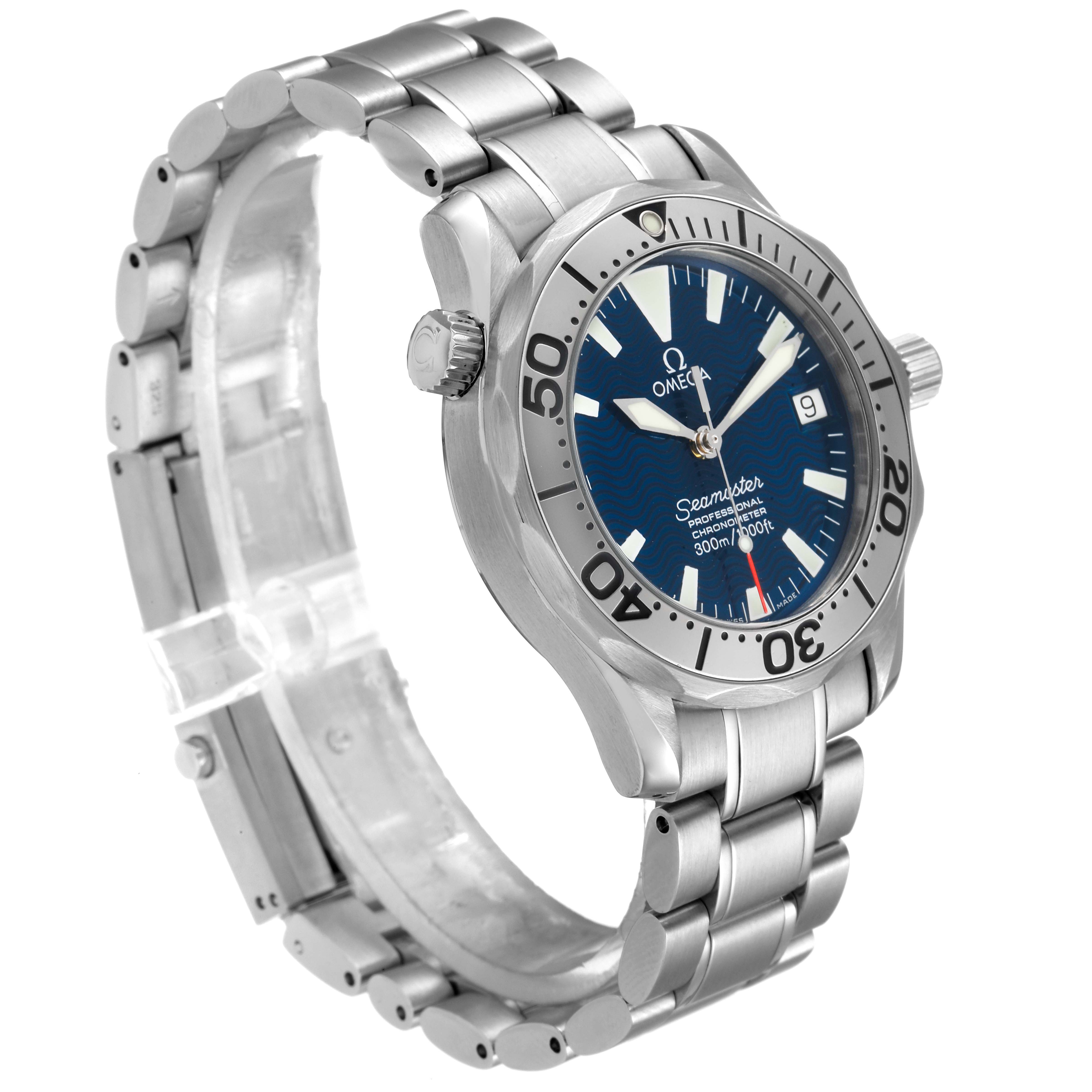 The image shows an angled side view of an Omega Seamaster 2253.80.00 Men
s Stainless Steel Blue Dial 2253.80.00 Men
s Stainless Steel Blue Dial watch, highlighting the dial, bezel, crown, and metal bracelet.