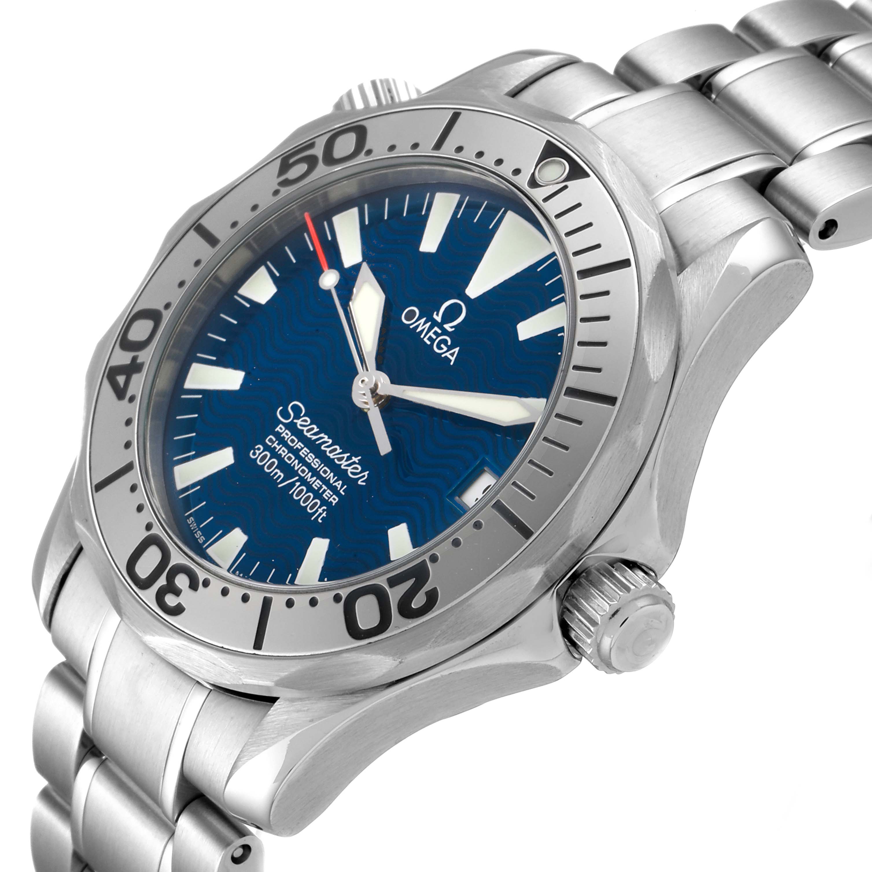 The Omega Seamaster 2253.80.00 Men
s Stainless Steel Blue Dial 2253.80.00 Men
s Stainless Steel Blue Dial watch is shown at a slight angle, highlighting its blue dial, bezel, crown, and stainless steel bracelet.
