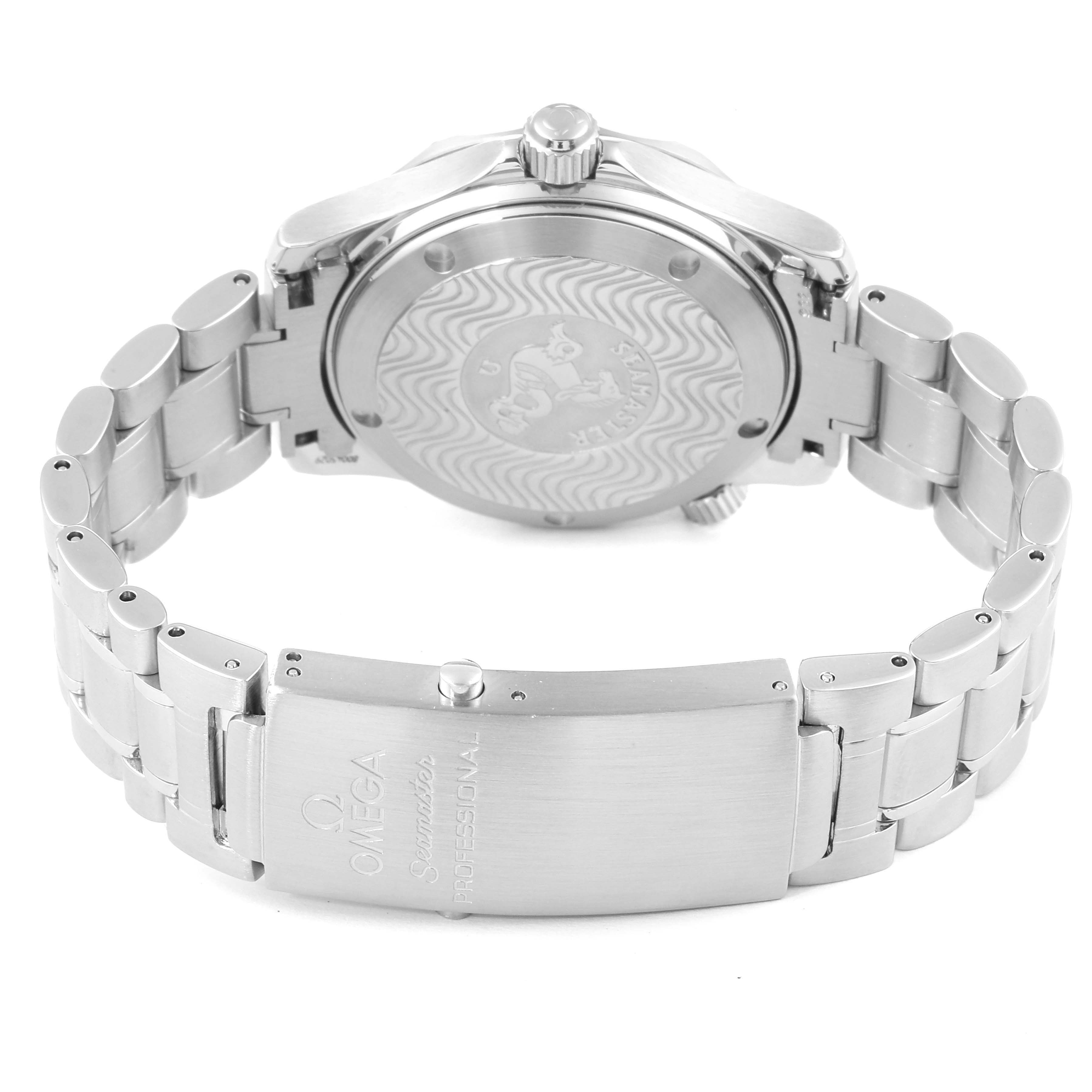 The image shows the back view of an Omega Seamaster 2253.80.00 Men
s Stainless Steel Blue Dial 2253.80.00 Men
s Stainless Steel Blue Dial watch, focusing on the case back, crown, and metal bracelet with clasp.