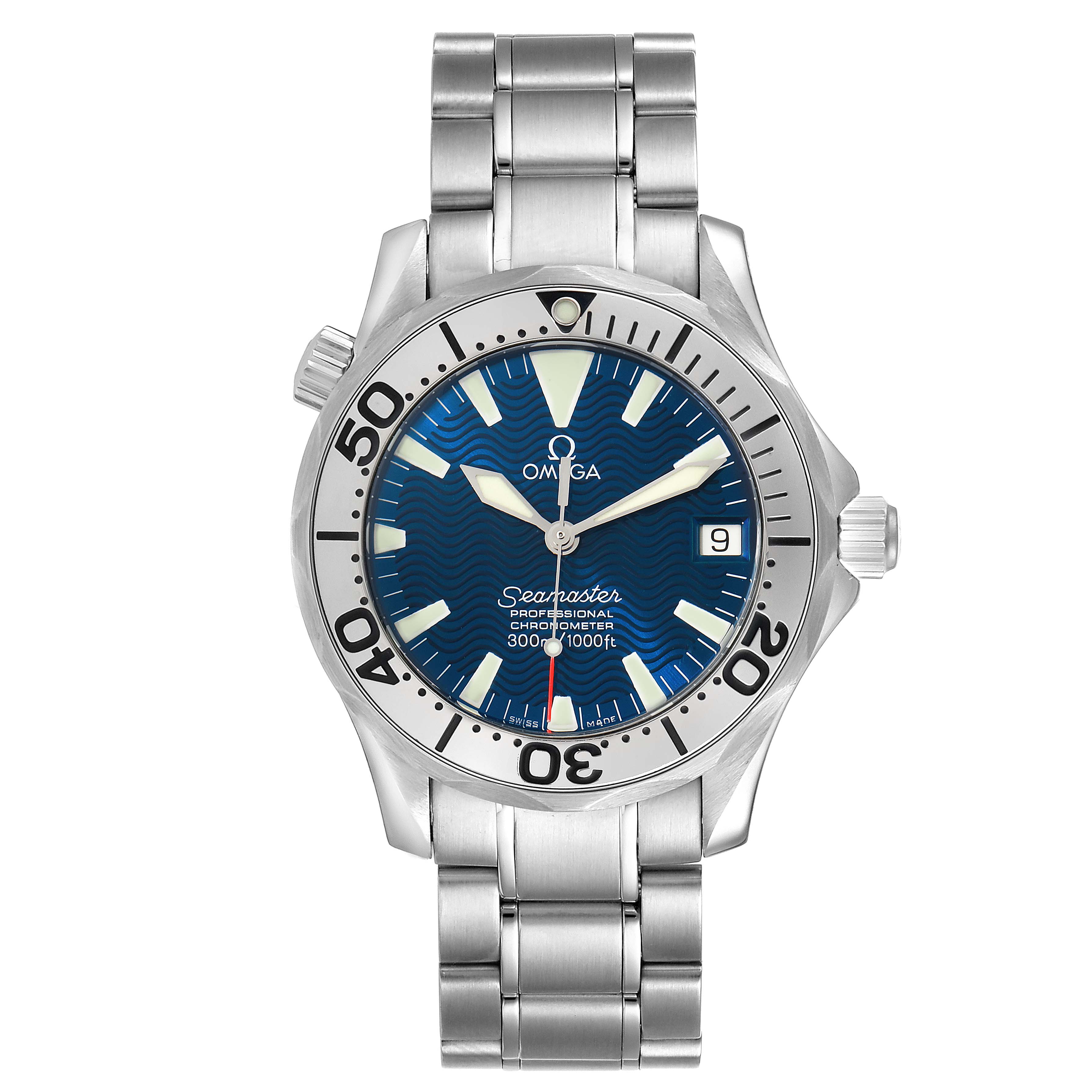 The image shows a front view of an Omega Seamaster 2253.80.00 Men
s Stainless Steel Blue Dial 2253.80.00 Men
s Stainless Steel Blue Dial watch, highlighting the dial, bezel, crown, and metal bracelet.