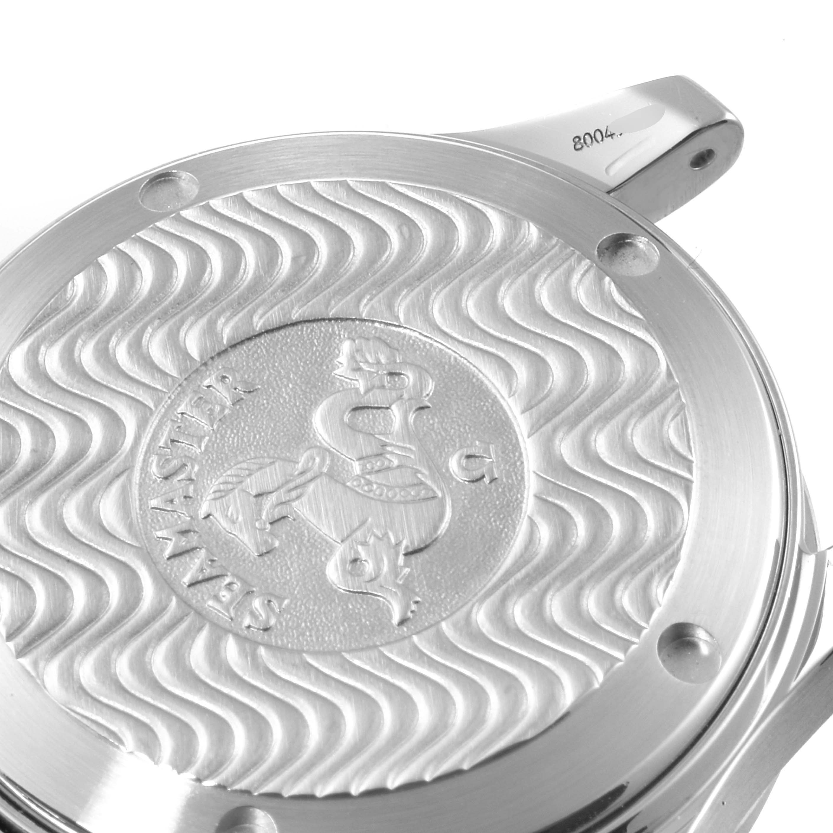 This image shows the engraved case back of an Omega Seamaster 2253.80.00 Men
s Stainless Steel Blue Dial 2253.80.00 Men
s Stainless Steel Blue Dial watch, viewed from an overhead angle.