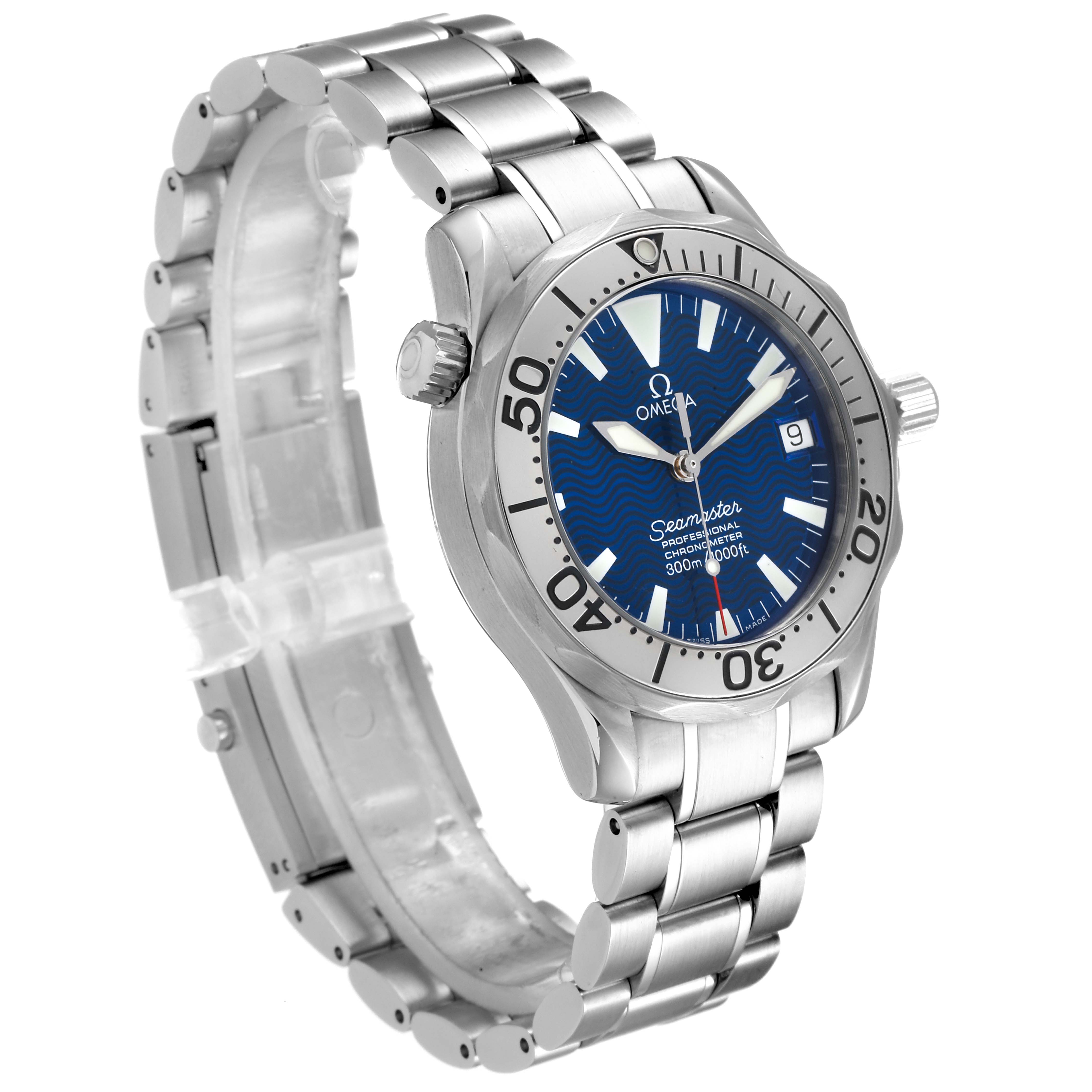 The image shows an Omega Seamaster 2253.80.00 Men
s Stainless Steel Blue Dial 2253.80.00 Men
s Stainless Steel Blue Dial watch at an angled side view, displaying the face, bezel, crown, and bracelet.