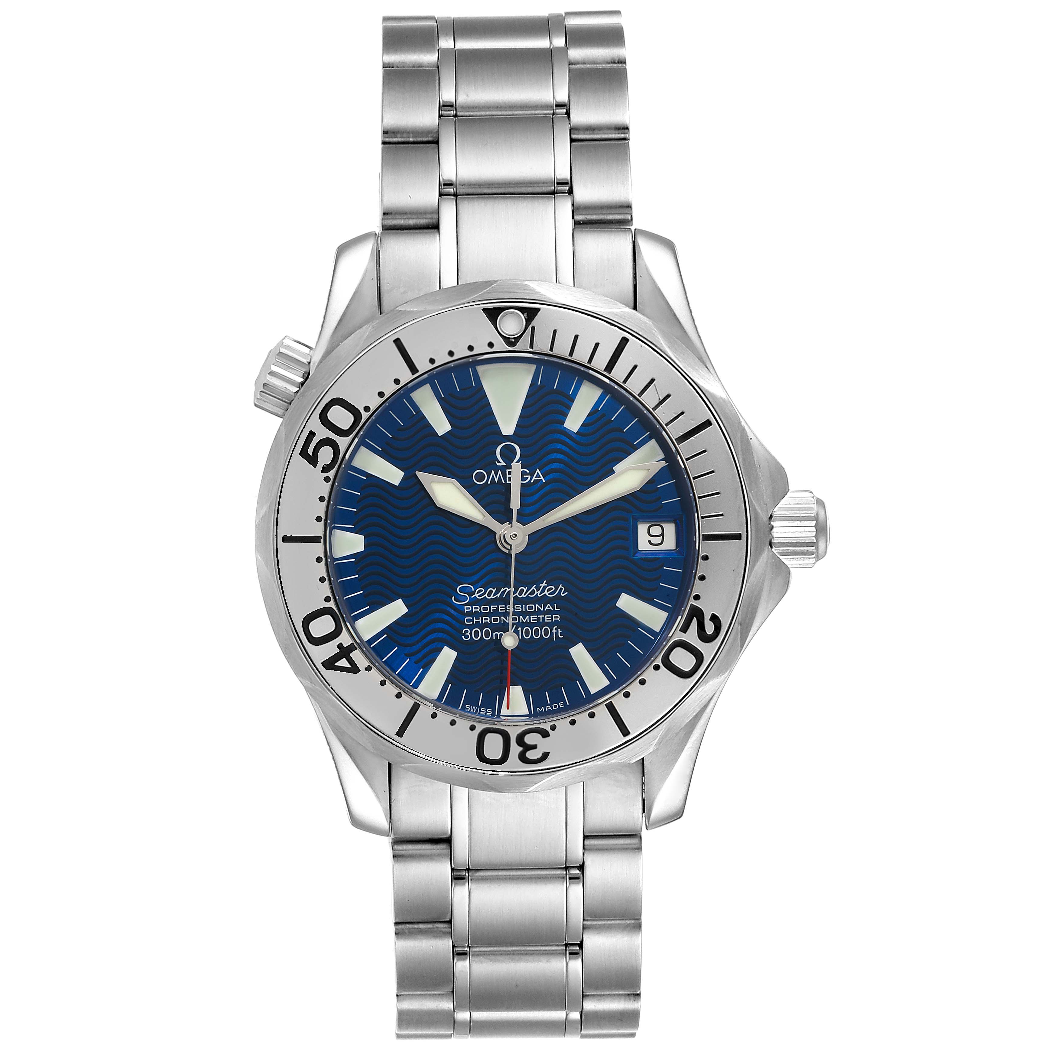 The image shows a front view of the Omega Seamaster 2253.80.00 Men
s Stainless Steel Blue Dial 2253.80.00 Men
s Stainless Steel Blue Dial watch, featuring its face, bezel, and metal bracelet.