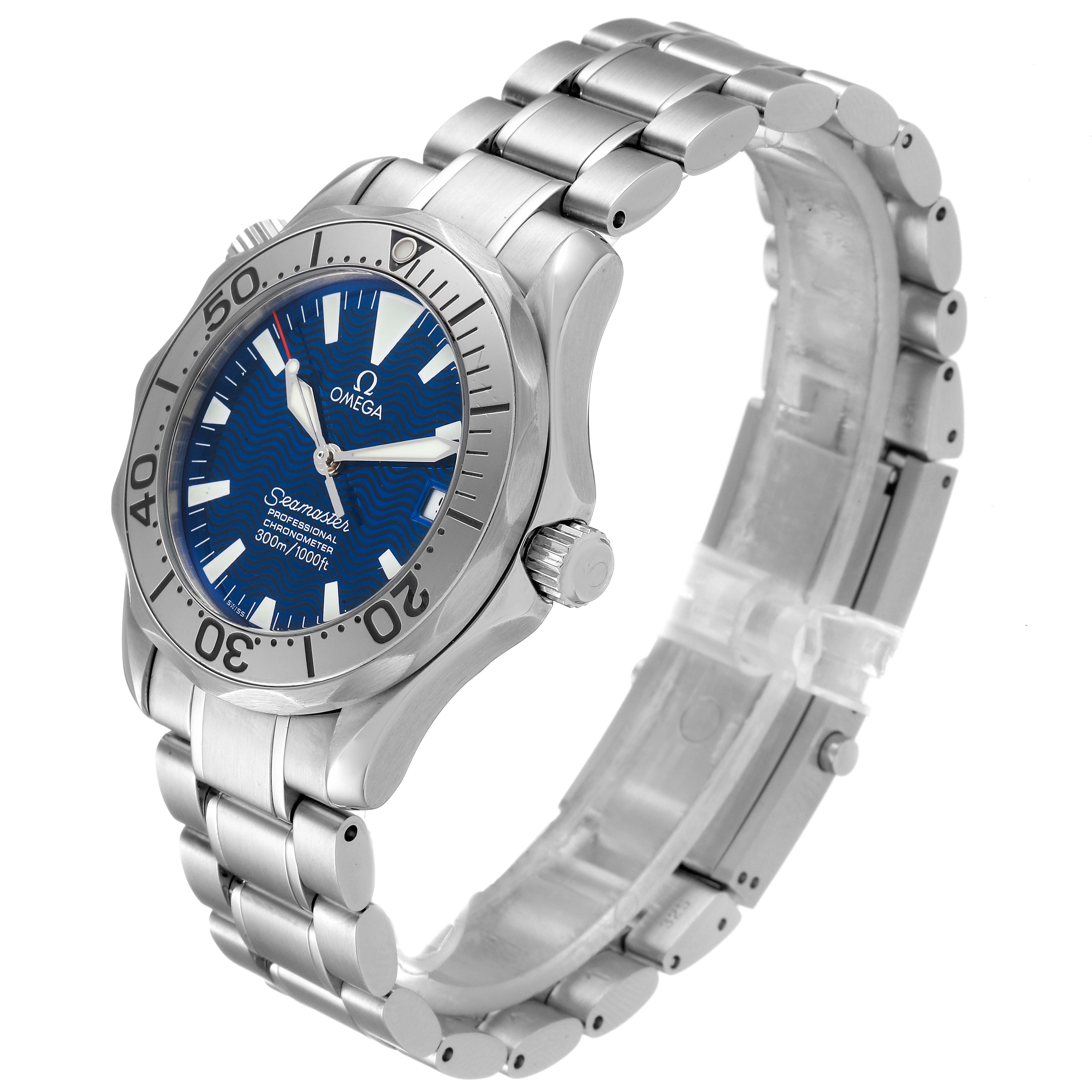 The Omega Seamaster 2253.80.00 Men
s Stainless Steel Blue Dial 2253.80.00 Men
s Stainless Steel Blue Dial watch is shown at an angled side view, highlighting the face, bezel, crown, and metal bracelet.