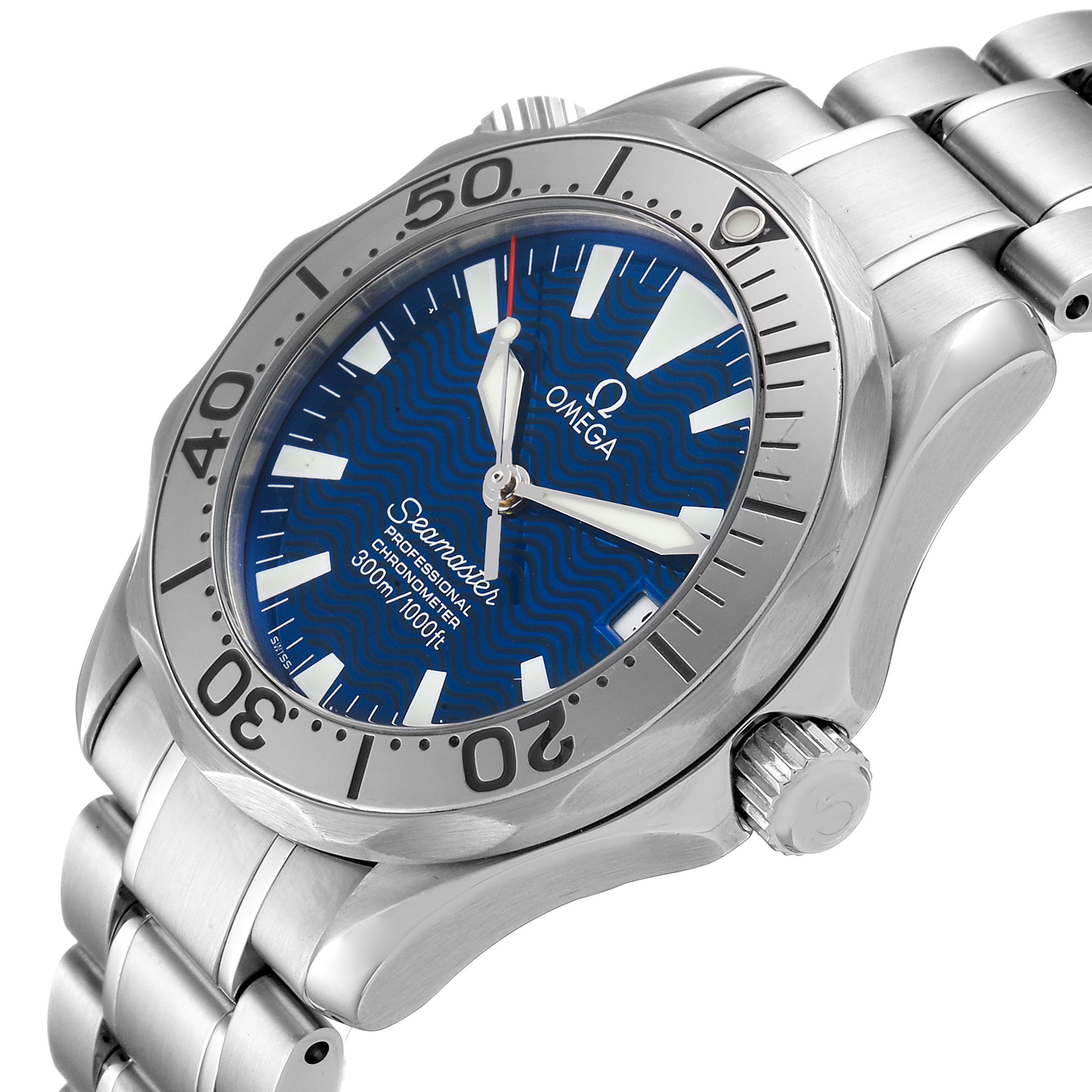This Omega Seamaster 2253.80.00 Men
s Stainless Steel Blue Dial 2253.80.00 Men
s Stainless Steel Blue Dial watch is shown at an angled top view, detailing the bezel, dial, crown, and bracelet.