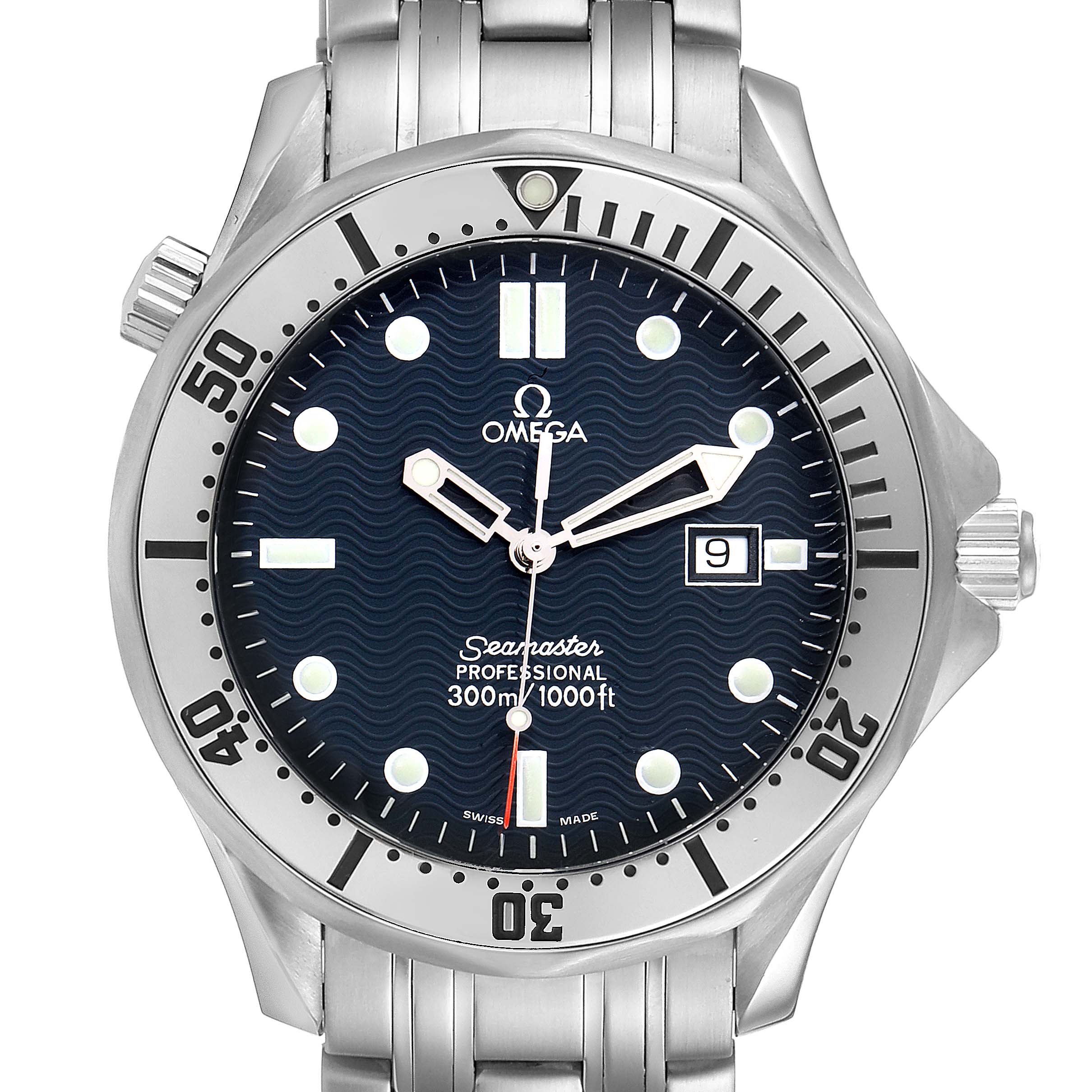 The image shows a front view of an Omega Seamaster 2542.80.00 Men
s Stainless Steel Blue Dial 2542.80.00 Men
s Stainless Steel Blue Dial Professional watch, including its dial, bezel, and part of the stainless steel bracelet.