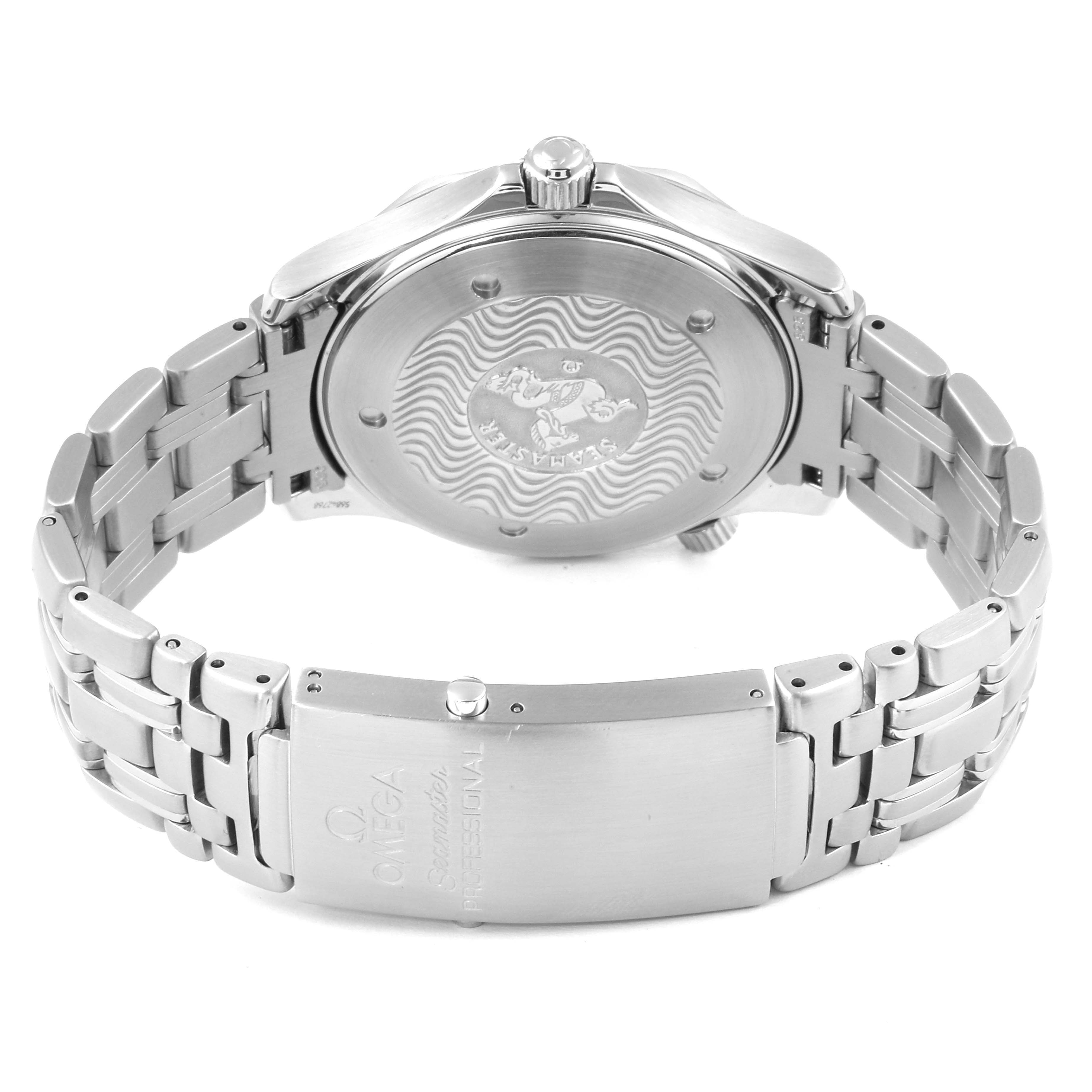 The Omega Seamaster 2542.80.00 Men
s Stainless Steel Blue Dial 2542.80.00 Men
s Stainless Steel Blue Dial watch is shown from the back, highlighting the case back, crown, and metal bracelet with clasp.