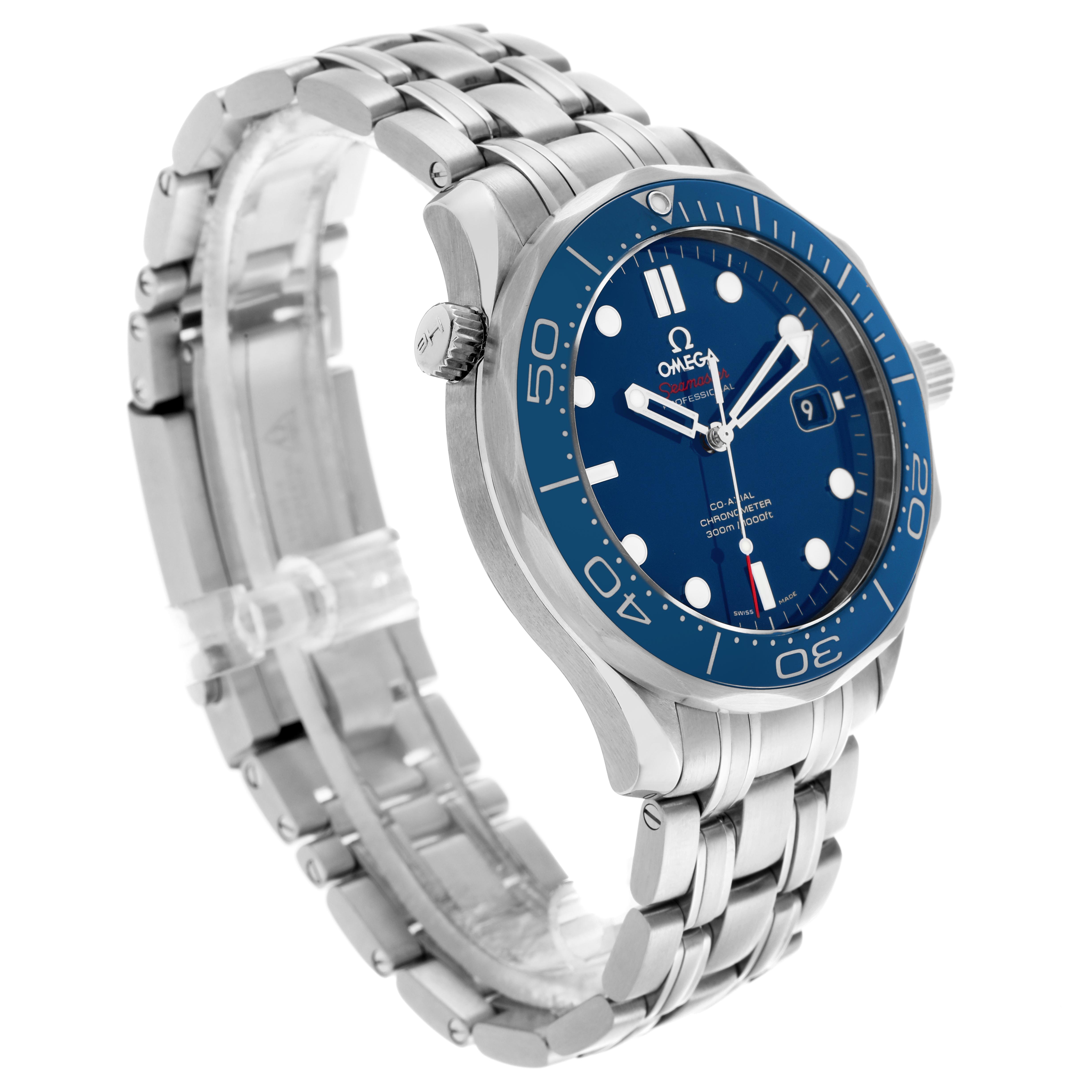 The Omega Seamaster 212.30.41.20.03.001 Men's Stainless Steel Blue Dial 212.30.41.20.03.001 Men's Stainless Steel Blue Dial watch is shown at a three-quarter angle, highlighting the blue dial, bezel, and metal bracelet.