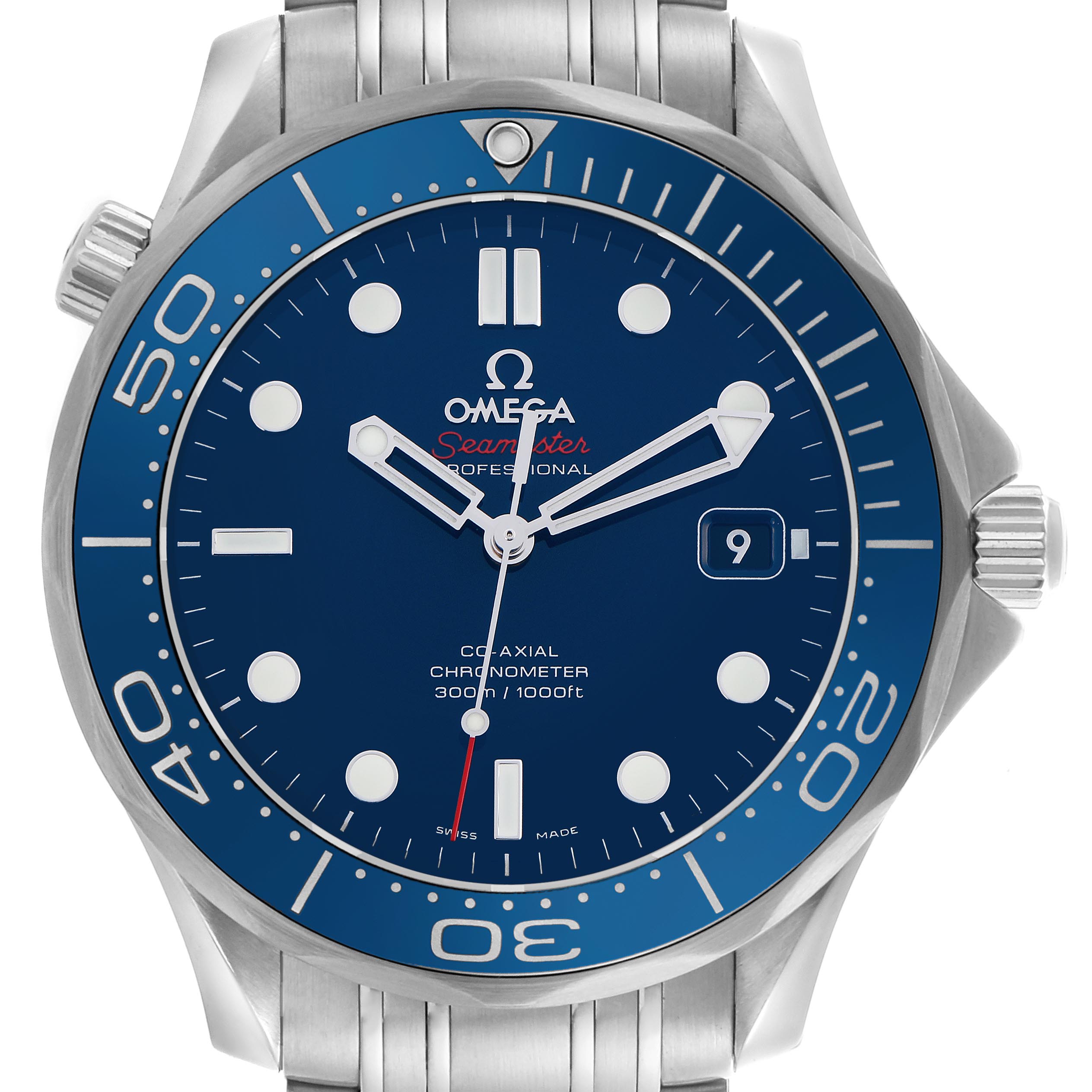 The Omega Seamaster 212.30.41.20.03.001 Men's Stainless Steel Blue Dial 212.30.41.20.03.001 Men's Stainless Steel Blue Dial watch is shown front-facing, highlighting the dial, bezel, and bracelet top links.
