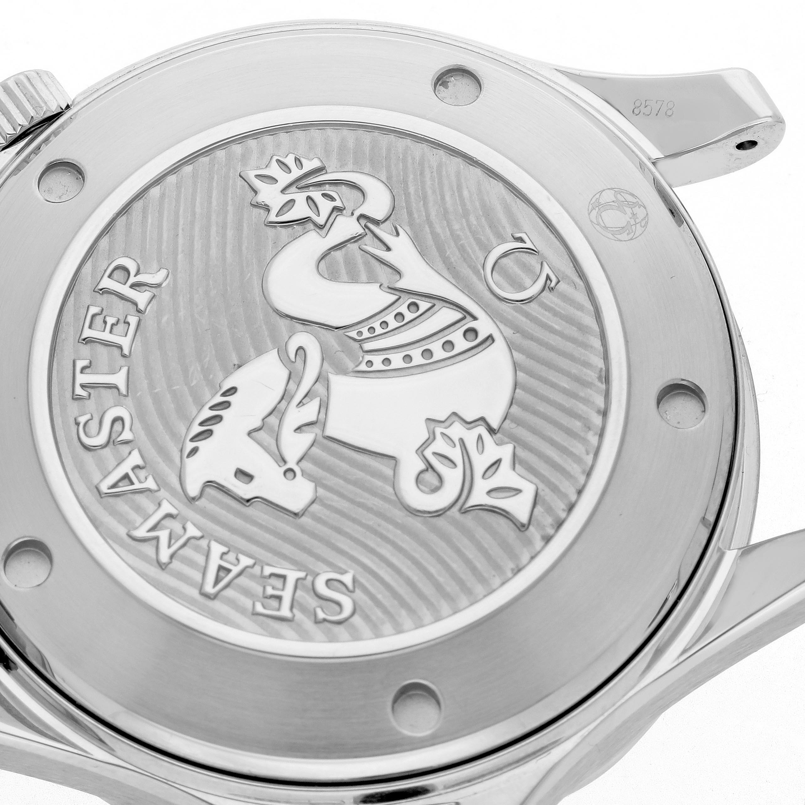 The image shows the engraved case back of an Omega Seamaster 212.30.41.20.03.001 Men's Stainless Steel Blue Dial 212.30.41.20.03.001 Men's Stainless Steel Blue Dial, featuring its emblem and logo.