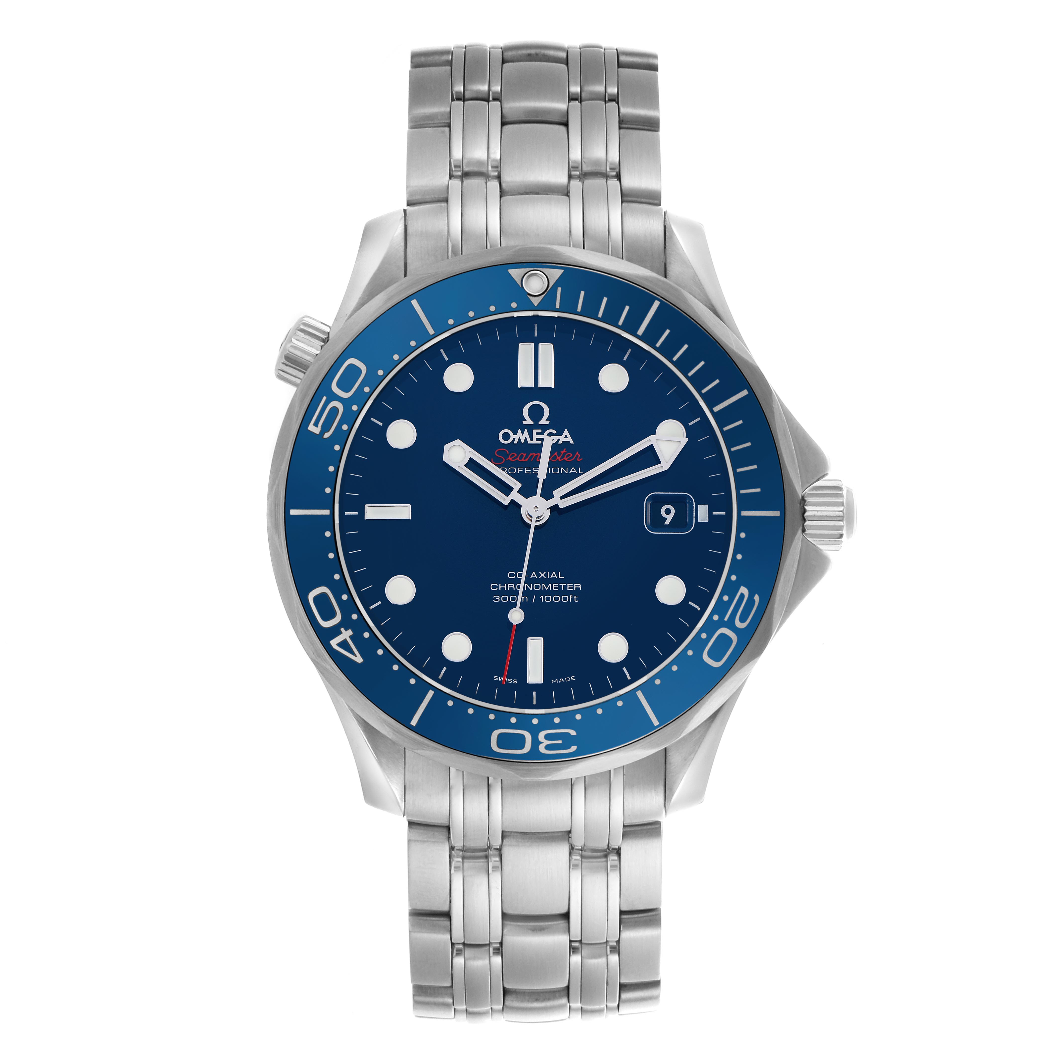 The Omega Seamaster 212.30.41.20.03.001 Men's Stainless Steel Blue Dial 212.30.41.20.03.001 Men's Stainless Steel Blue Dial watch is shown from the front, displaying its blue dial, bezel, and stainless steel bracelet.