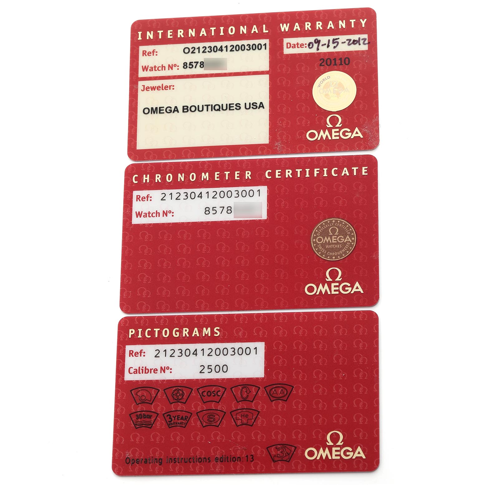 The image shows three Omega Seamaster 212.30.41.20.03.001 Men's Stainless Steel Blue Dial 212.30.41.20.03.001 Men's Stainless Steel Blue Dial cards: International Warranty, Chronometer Certificate, and Pictograms.