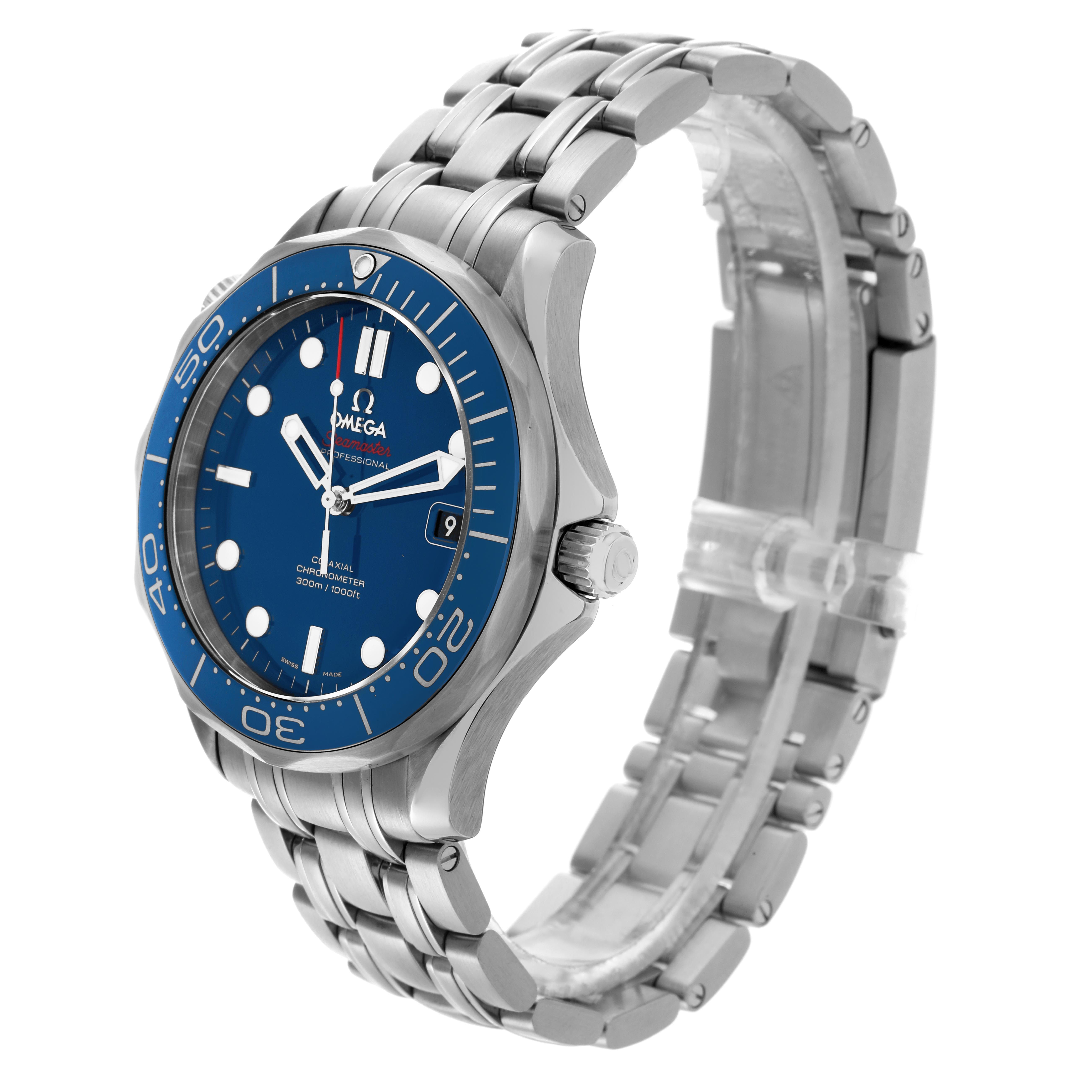 The Omega Seamaster 212.30.41.20.03.001 Men's Stainless Steel Blue Dial 212.30.41.20.03.001 Men's Stainless Steel Blue Dial watch is shown at a three-quarter angle, showcasing its dial, bezel, case, bracelet, and crown.