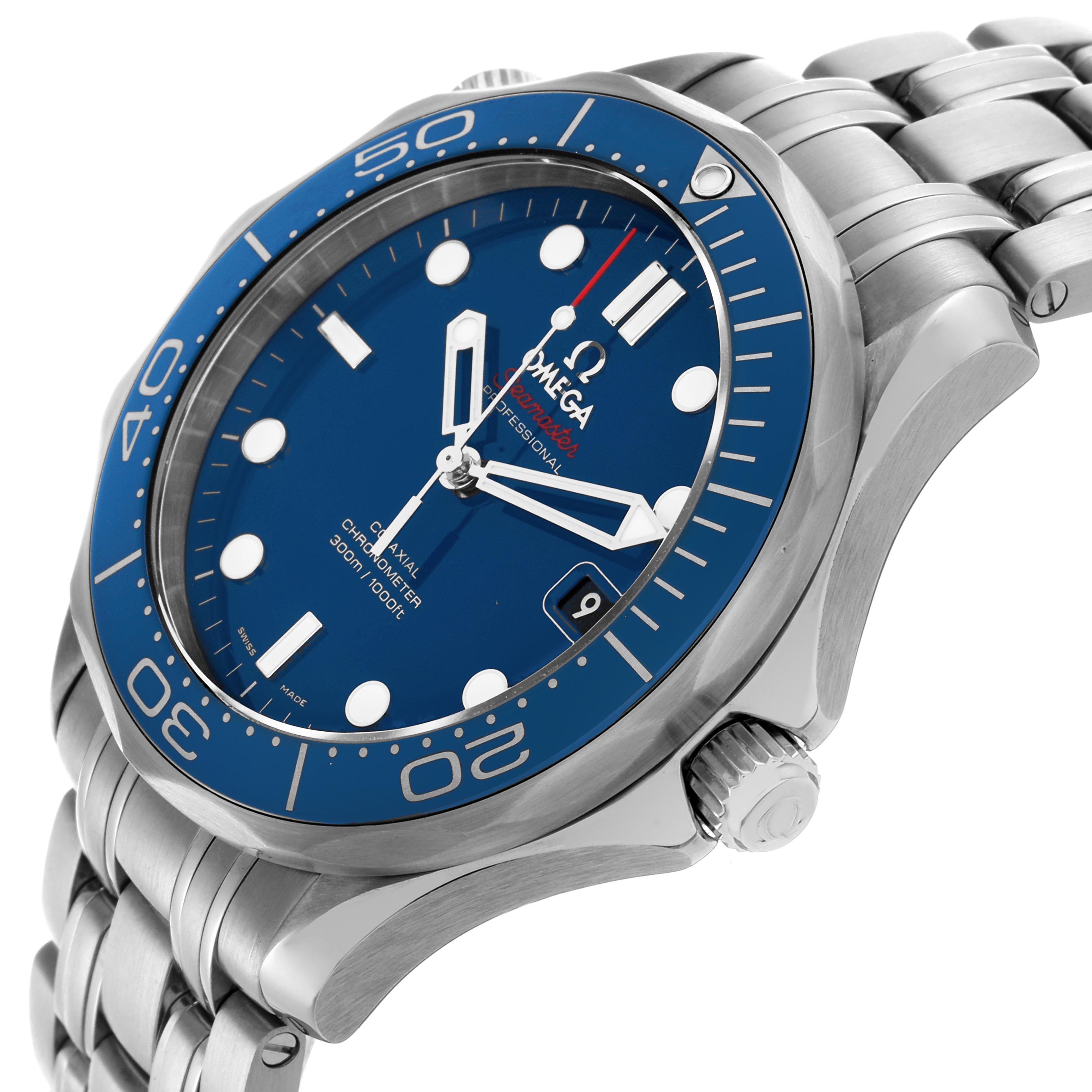 The Omega Seamaster 212.30.41.20.03.001 Men's Stainless Steel Blue Dial 212.30.41.20.03.001 Men's Stainless Steel Blue Dial watch is shown at an angled view, displaying its blue dial, bezel, crown, and stainless steel bracelet.